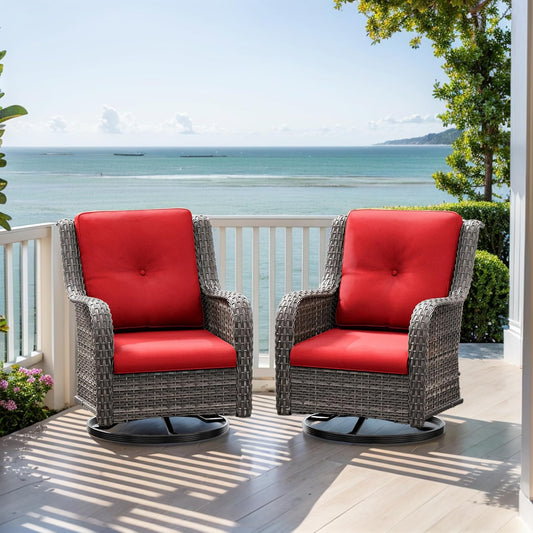 Outdoor Swivel Rocker Patio Chairs Set of 2 - Outdoor Wicker Patio Conversation Sets 2 Pieces with Olefin Fabric Cushions Suitable for Backyard Deck and Porch, Red