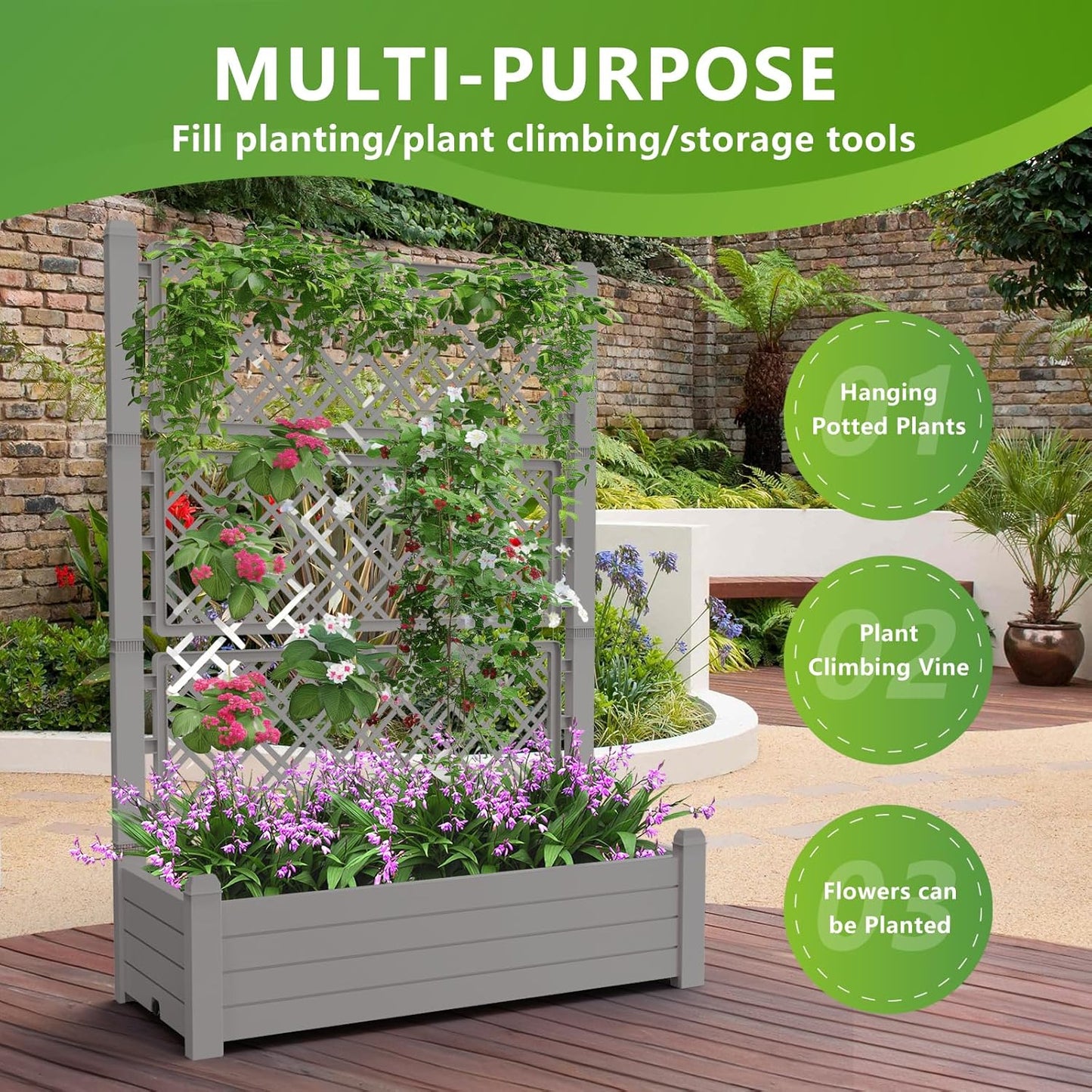 59.3in Planter Box Trellis, Large Outdoor Plastic Raised Garden Bed with Drain Plug for Climbing Plants(Gray,43.43 * 18.27 * 59.29)