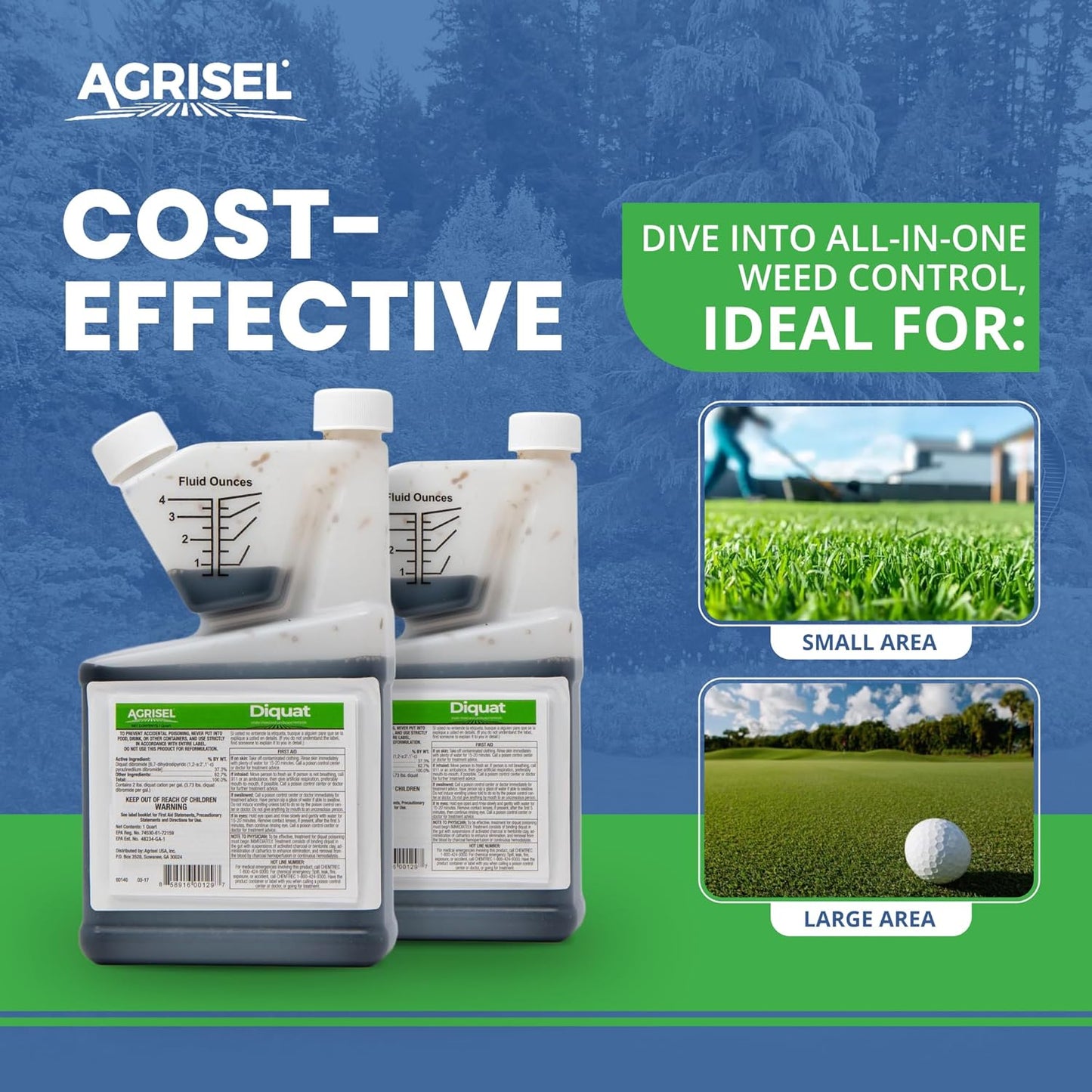 Diquat Weed Killer, Fast-Acting Formula for Aquatic and Landscape Weeds, Safe on Ornamentals, Visible Results in 1-2 Days, Pet Safe, 3-Pack of Disposable Gloves Included, 32 Ounces