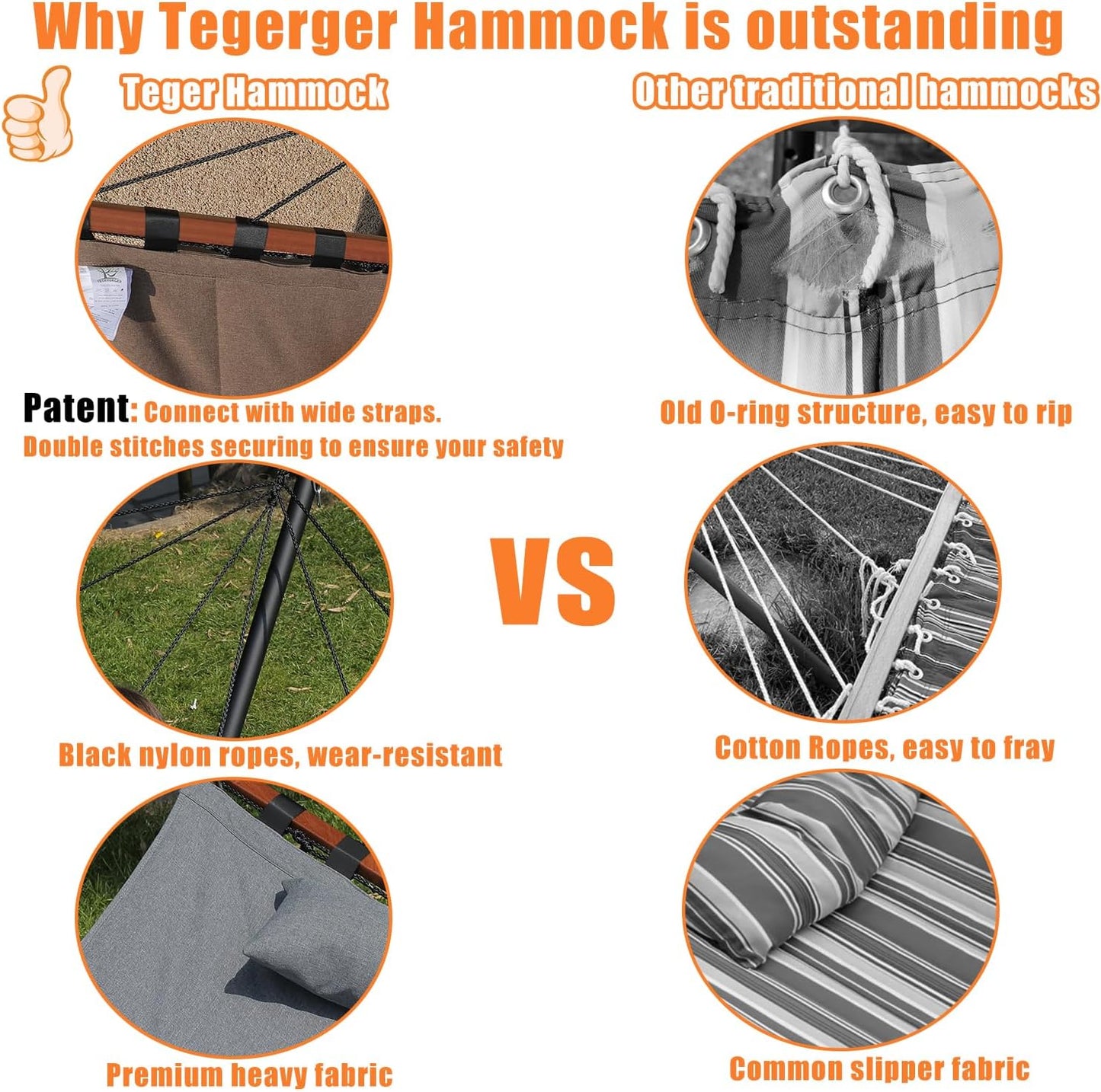 TegerDeger 12FT 2 Person Hammock with Stand Included 55 x 79IN Large Hammock 450LB Capacity with Hardwood Spreader Bar & Nylon Rope for Outside, Patio, Garden, Backyard, Beach, Poolside - Beige