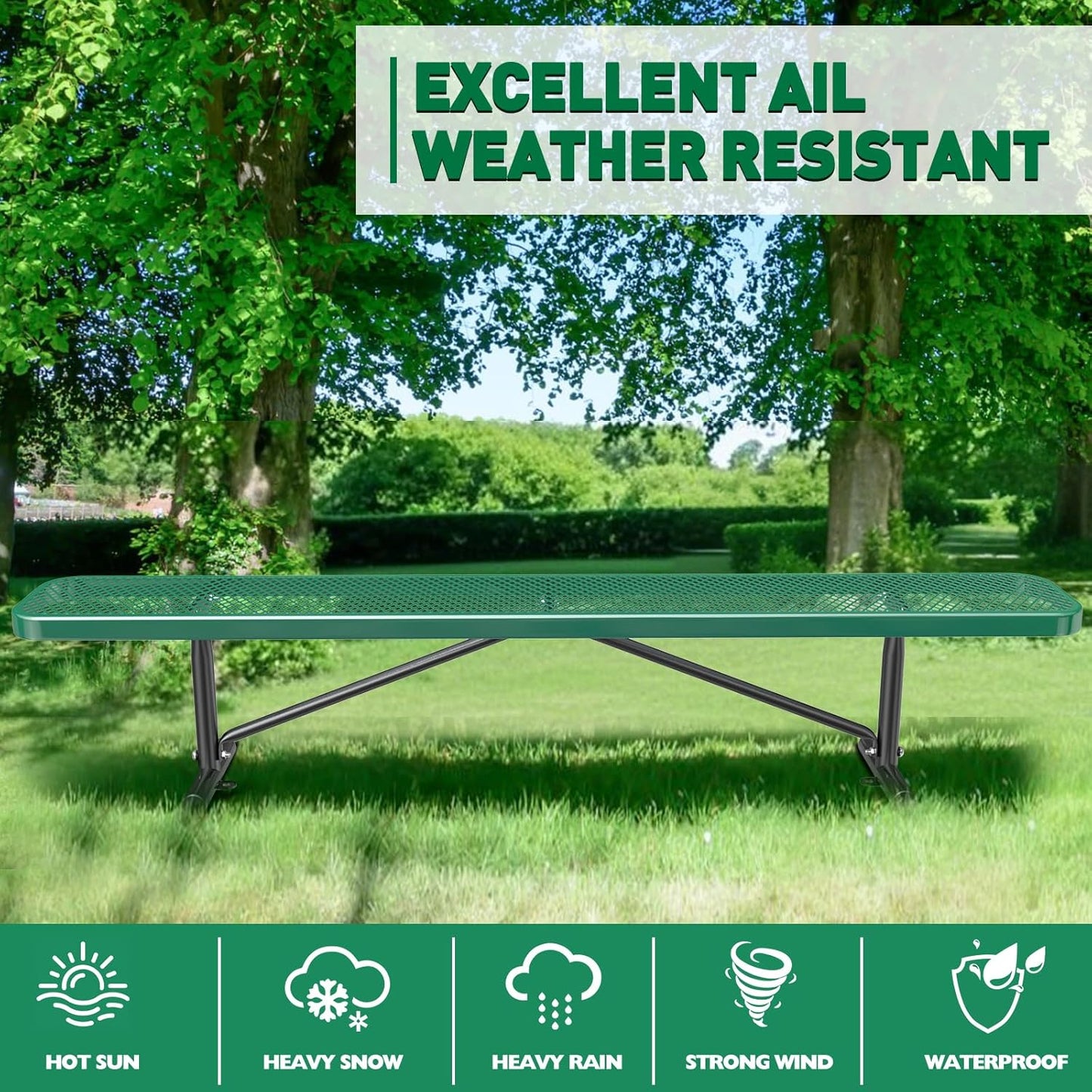 Thermoplastic Coated Iron Park Bench for Outside, Heavy Duty Metal Garden Bench, Expanded Commercial Grade Seating for Shopping Malls, Lawn Yard Porch Entryway (Green without Backrest, 96IN)
