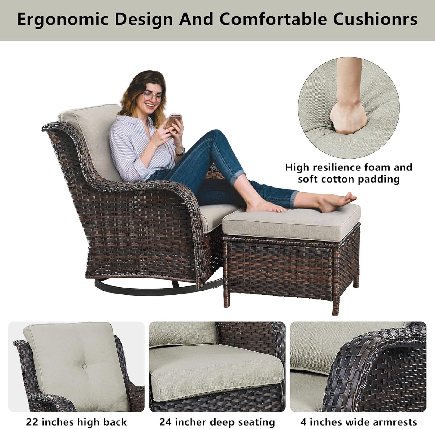 Wicker Outdoor Furniture Patio Furniture Set - 6 Piece Patio Conversation Set with Swivel Rocker Chairs, Loveseat Sofa, Ottomans and Coffee Table, Beige Cushion