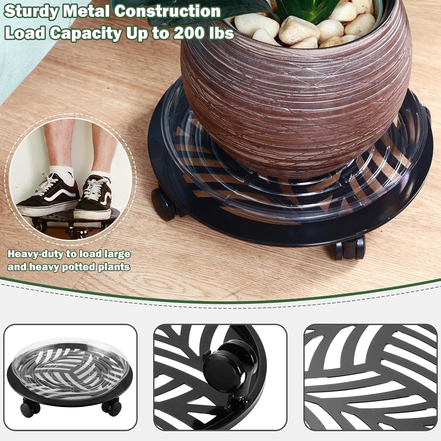 2 Packs Large Metal Plant Caddy with PU Wheels 13.6" Heavy-duty Wrought Iron Rolling Plant Stands Indoor Outdoor Wheeled Plant Dolly Planter Mover Rollers Plant, Leaf Style