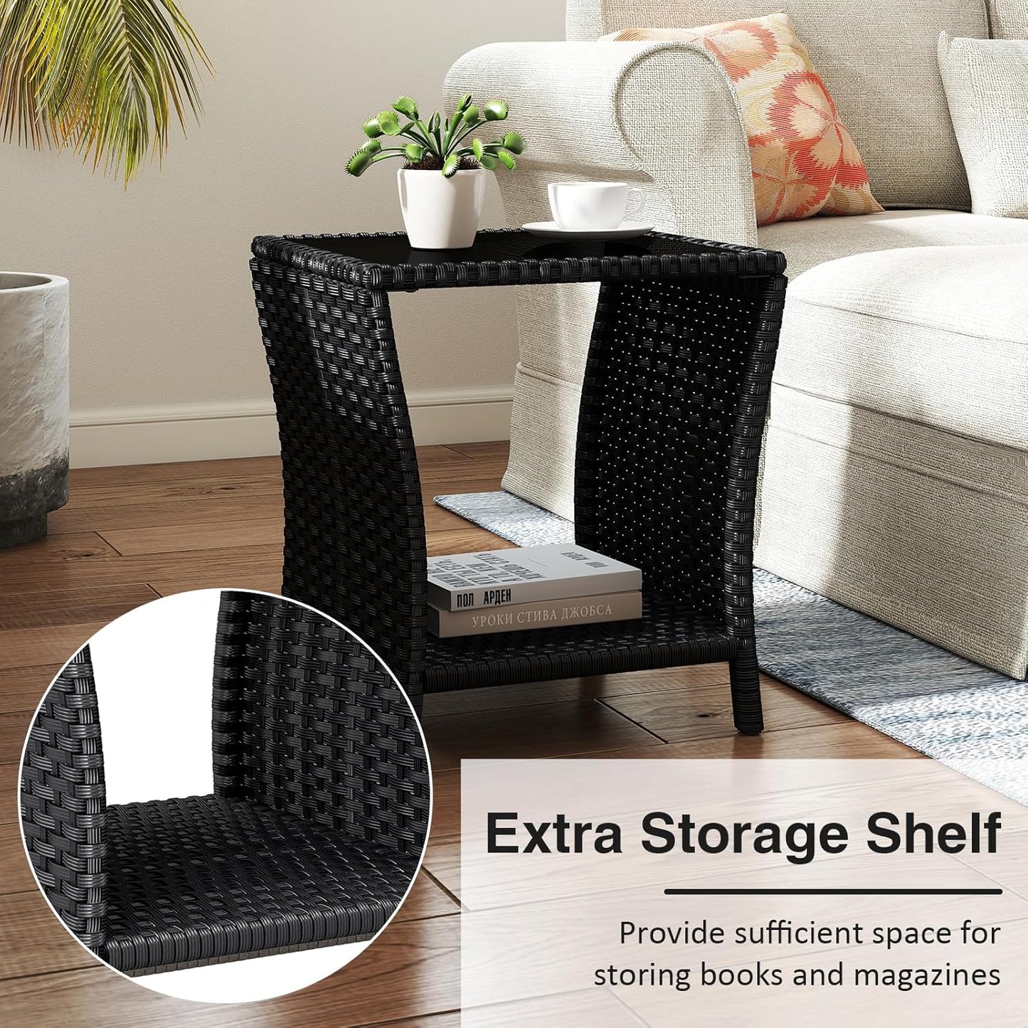 Outdoor Small Patio Table - PE Rattan Coffee Table, Wicker Side Table for Patio, Balcony & Porch, Durable & Iron Frame (2, Black)