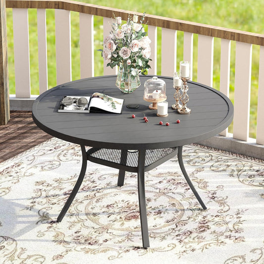 VICLLAX 47.2" Outdoor Round Patio Table for Lawn Garden, All Weather Metal Round Patio Dining Table with Adjustable Umbrella Hole, 6 Person Patio Table, Grey Tabletop