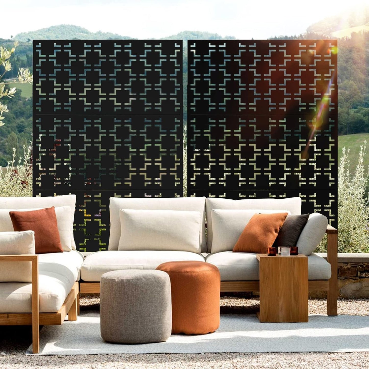 Metal Privacy Screen Outdoor 72" H×47" W,Freestanding Decorative Privacy Screen for Balcony Yard&Garden,Privacy Fence-Black&Square