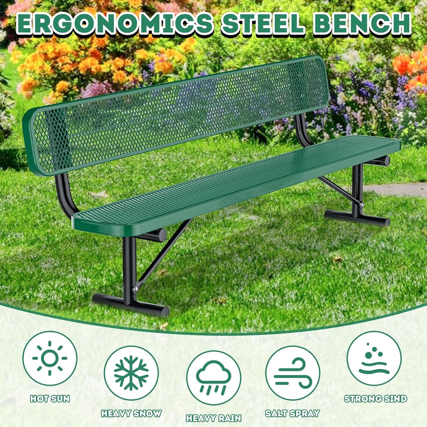 8Ft Heavy Duty Park Bench with Back Portable Frame, Outdoor Steel Bench with Backrest, Expanded Metal Mesh Bench for Lawn, Park, Deck, Garden, Patio, Porch, Green