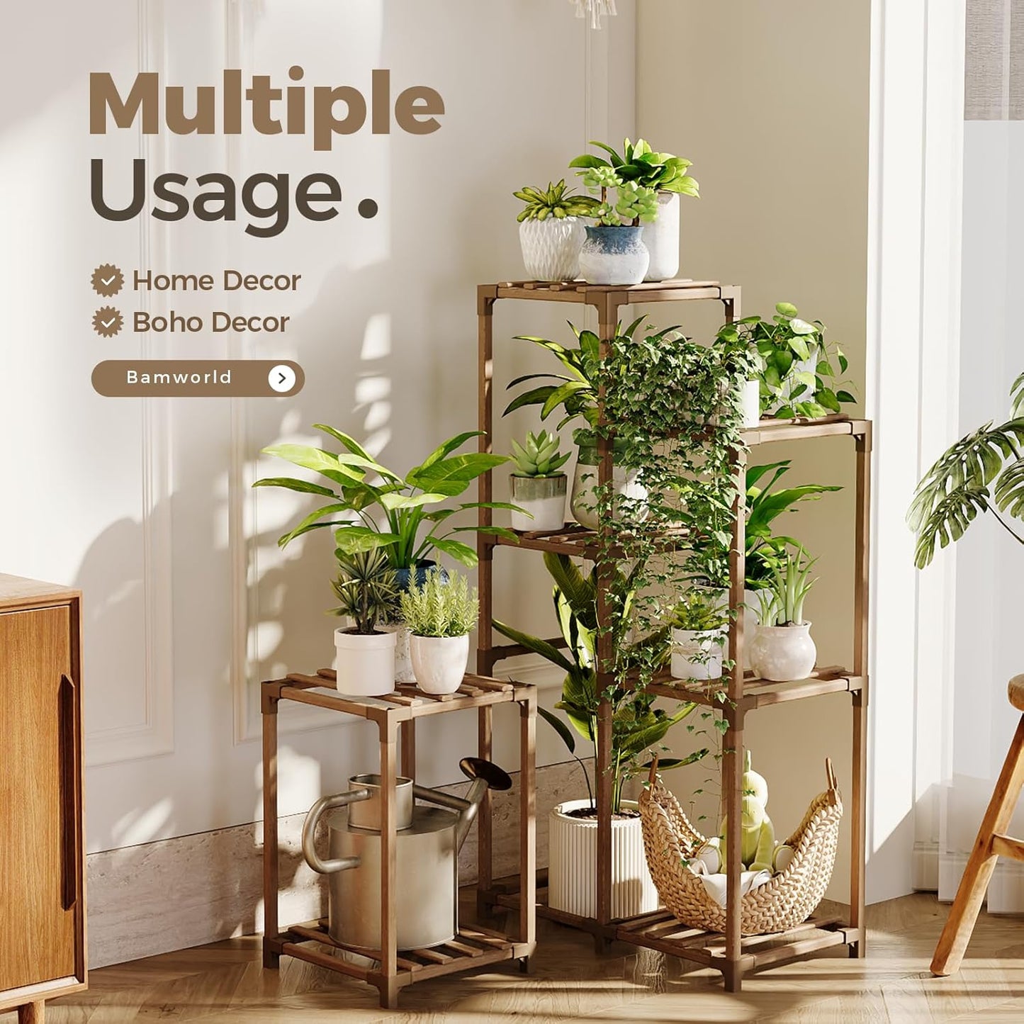 Bamworld Plant Stand Indoor Corner Plant Shelf Wood Plant Holder for Multiple Plants Tall Flower Stands Plants Table Rack Garden Patio Lawn Window 03H, Brown