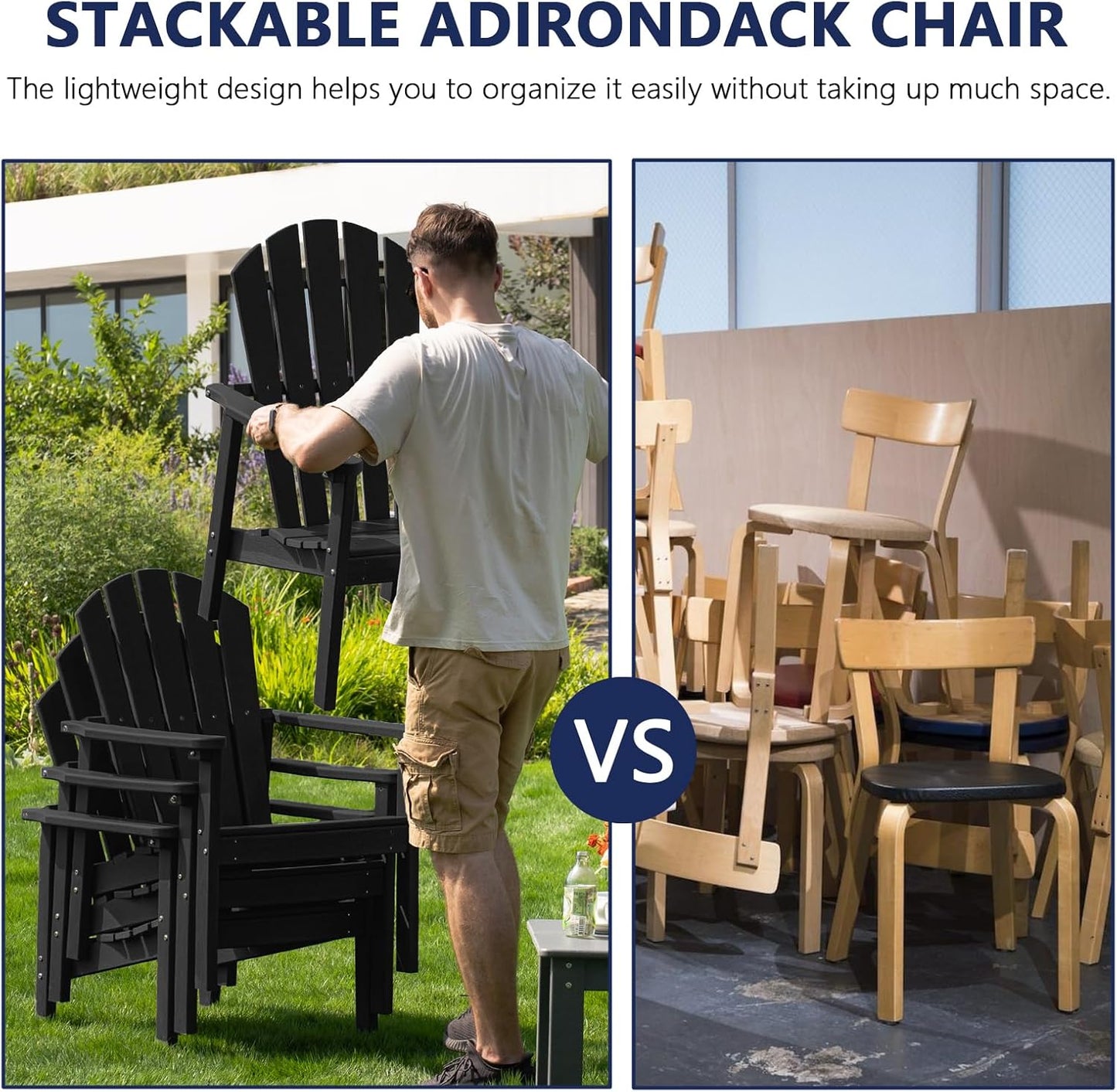 Stackable Adirondack Chair, HDPE Outdoor Patio Chair - Durable and Space Saving, Suitable for Porches, Lawns or Garden, Black