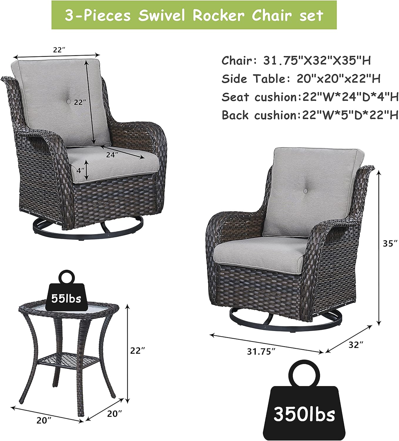 Outdoor Patio Swivel Rocker Chairs - 3 Piece Patio Bistro Set,Wicker Patio Furniture Set with 2 Swivel Rocking Chairs and 1 Glass Top Side Table for Deck Porch Garden,rown/Grey