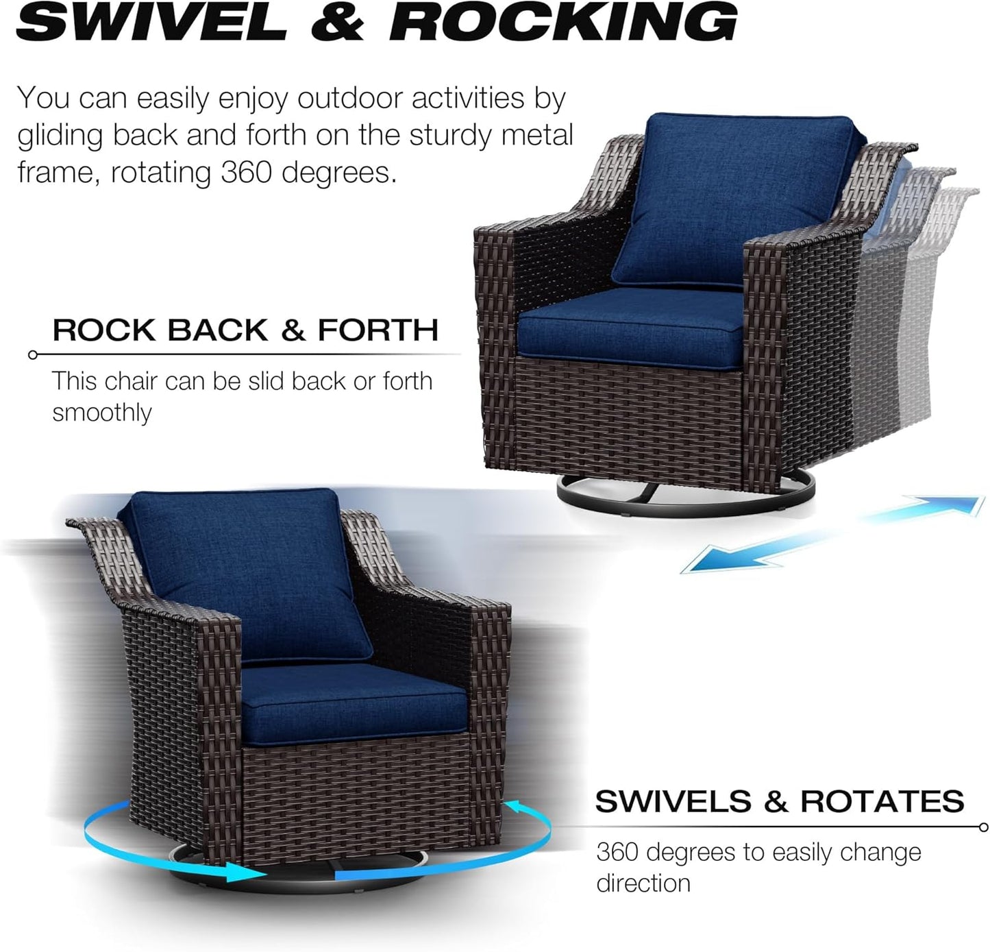 Joyside Wicker Patio Furniture Sets, 3 Pieces Upgraded Large Size Outdoor Furniture with 2 Patio Swivel Chairs and 1 Side Table, Thick Cushions, Wide Armrest