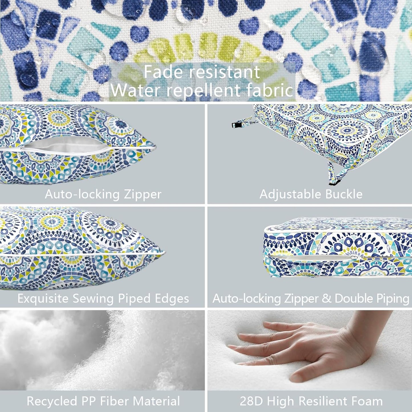 LVTXIII Outdoor Deep Seat Cushion Patio Seat and Back Cushion Set Seasonal Chair Cushion with Removable Cover and Adjustable Buckle for Home and Garden, 24"x24"x4", Delancey Lagoon