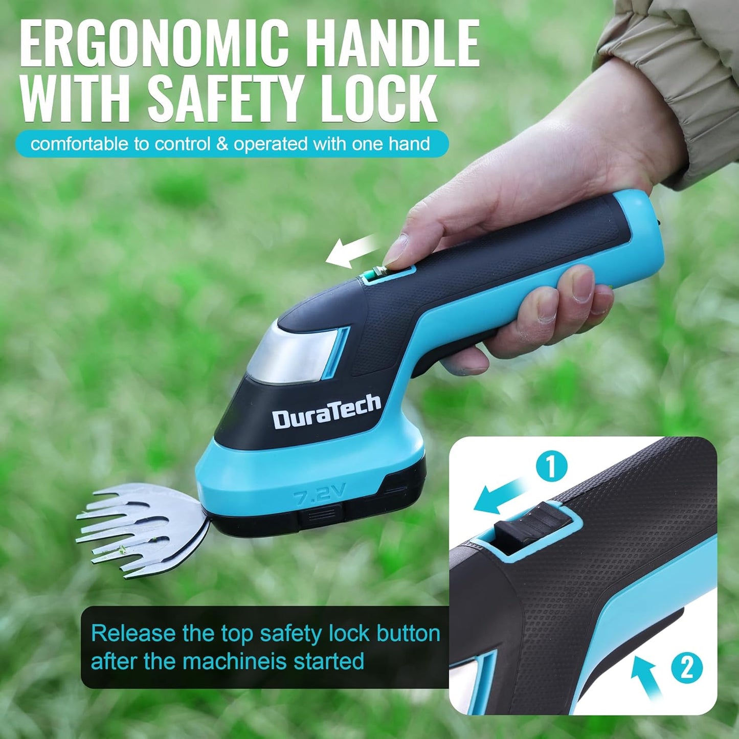 DURATECH Cordless Hedge Trimmer, 7.2V 2-in-1 Handheld Rechargeable Grass Trimmer & Hedge Shears with USB Type-C Cable, Built-in Li-ion Battery, Electric Shrub & Grass Shears for Garden, Yard and Lawn