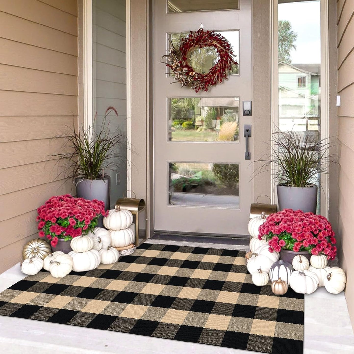 IOHOUZE Buffalo Plaid Checkered Rug 3x5 Ft Front Door Mats, Washable Area Rugs for Front Porch, Welcome Mats Indoor Outdoor, Entryway Rug for Entryway, Home Entrance, Tan Black