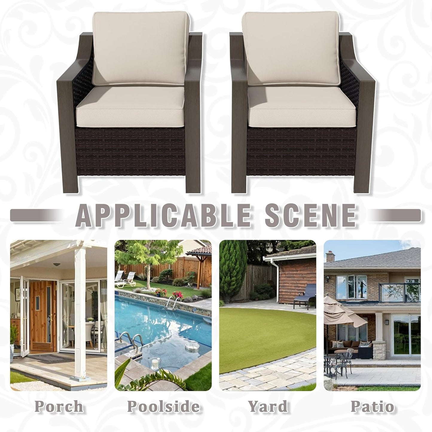 Outdoor Wicker Chair Set of 2, All-Weather Use Patio Rattan Chair with Removable Water-Resistant Cushion, Ideal for Porch, Backyard, Balcony, Poolside, Beige