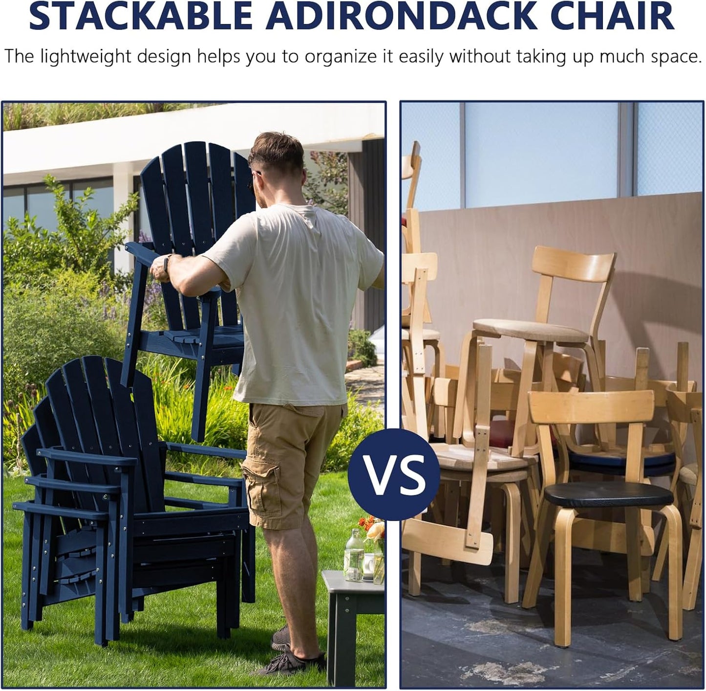 Stackable Adirondack Chair, HDPE Outdoor Patio Chair - Durable and Space Saving, Suitable for Porches, Lawns or Garden, Navy