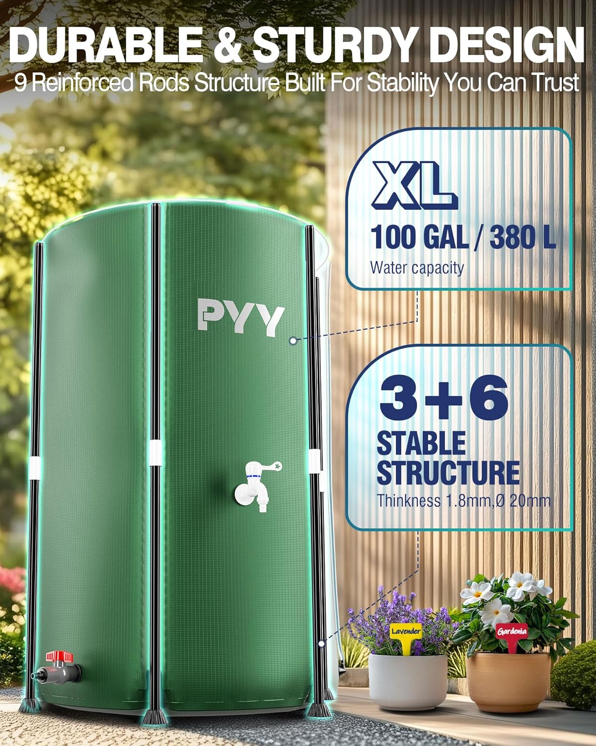 PYY Rain Water Collection Barrel - 100 Gallon Green Water Storage Tank with Spigots, Hose and Portable Bucket, Large Plastic Collapsible Rain Catcher Catchment System to Collect Rainwater from Gutter