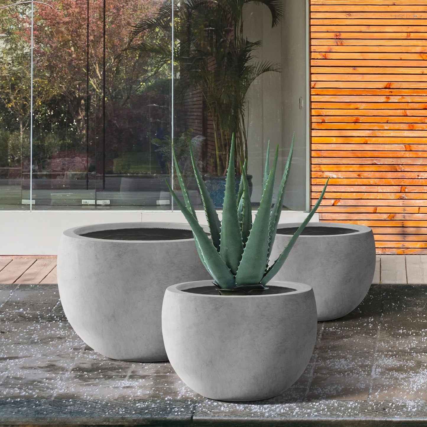 Kante 19.9",15.7",11.8" Dia Round Concrete Planter Set of 3, Outdoor/Indoor Large Bowl Plant Pots with Drainage Hole and Rubber Plug for Garden Patio Balcony Home, Natural Concrete