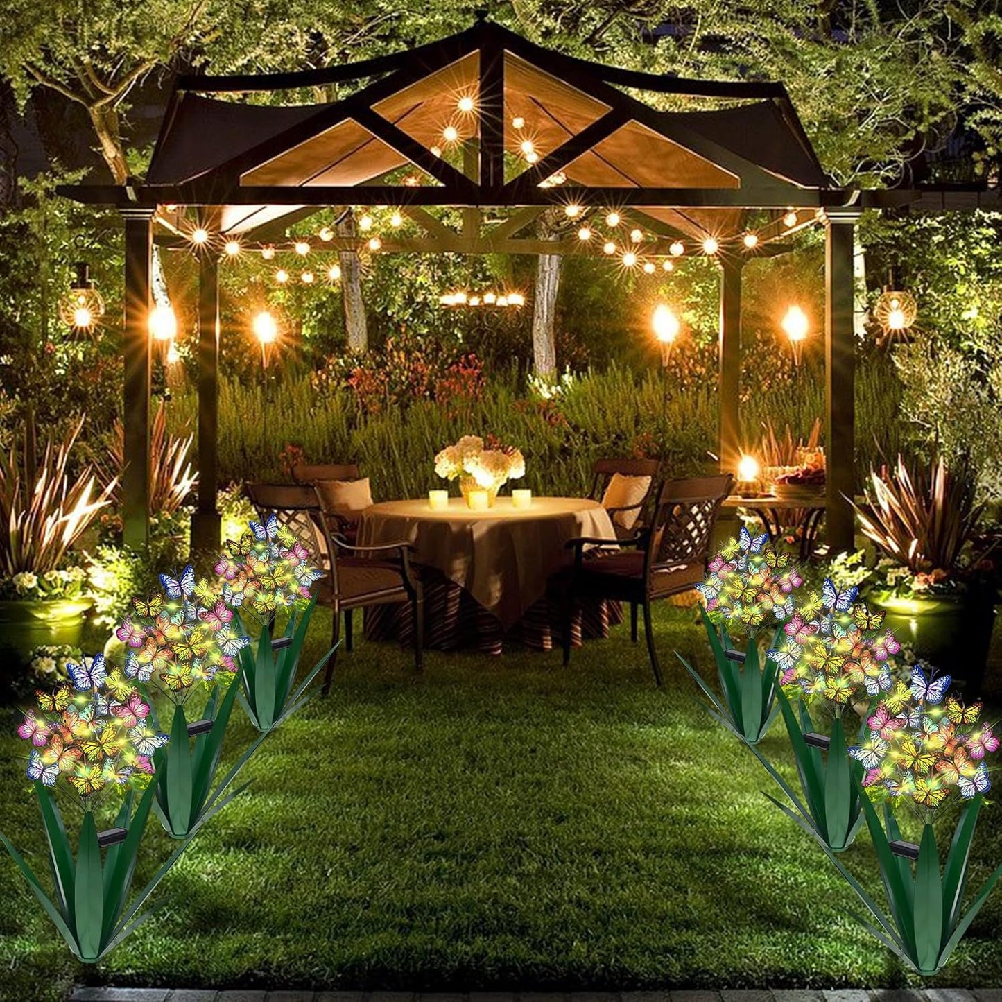 Homight Solar Metal Agave Butterfly Flower Stick Garden Sculpture - Outdoor Gift, Christmas Lights, Swaying Butterfly Sunflower Lights - Solar Outdoor (2 pcs Green)