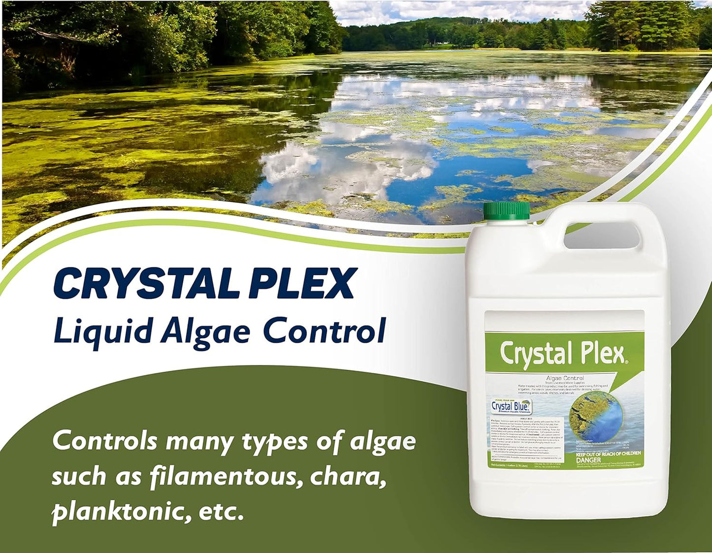 Crystal Plex - Lake and Pond Algaecide Treatment - Liquid Copper Algaecide Kills and Prevents Various Types of Algae (Planktonic, Filamentous, Chara) - 1 Gallon Treats up to 1 Acre