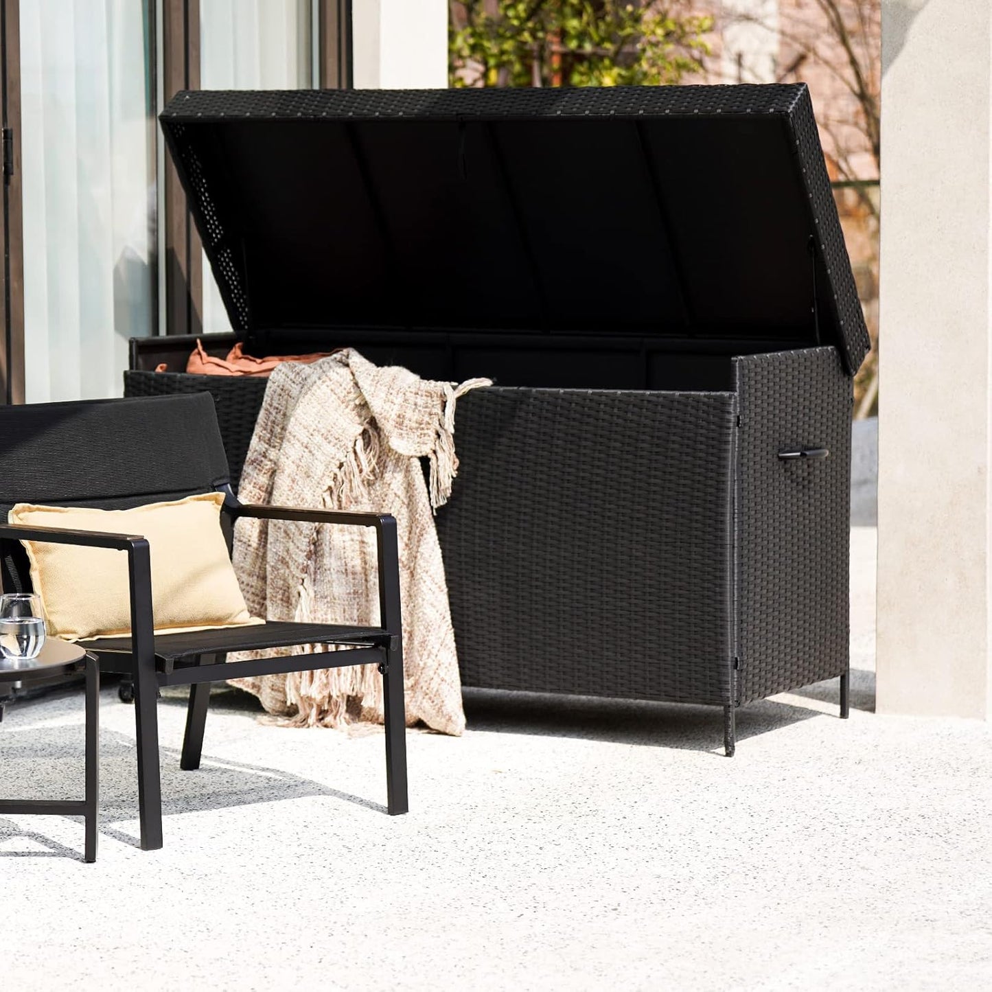 Grand patio 170 Gallon Deck Storage Box Deck Box Outdoor Storage Box Indoor Wicker Storage Bin Patio Storage Box for Patio Furniture Cushions Garden Tools Pool Accessories, Black