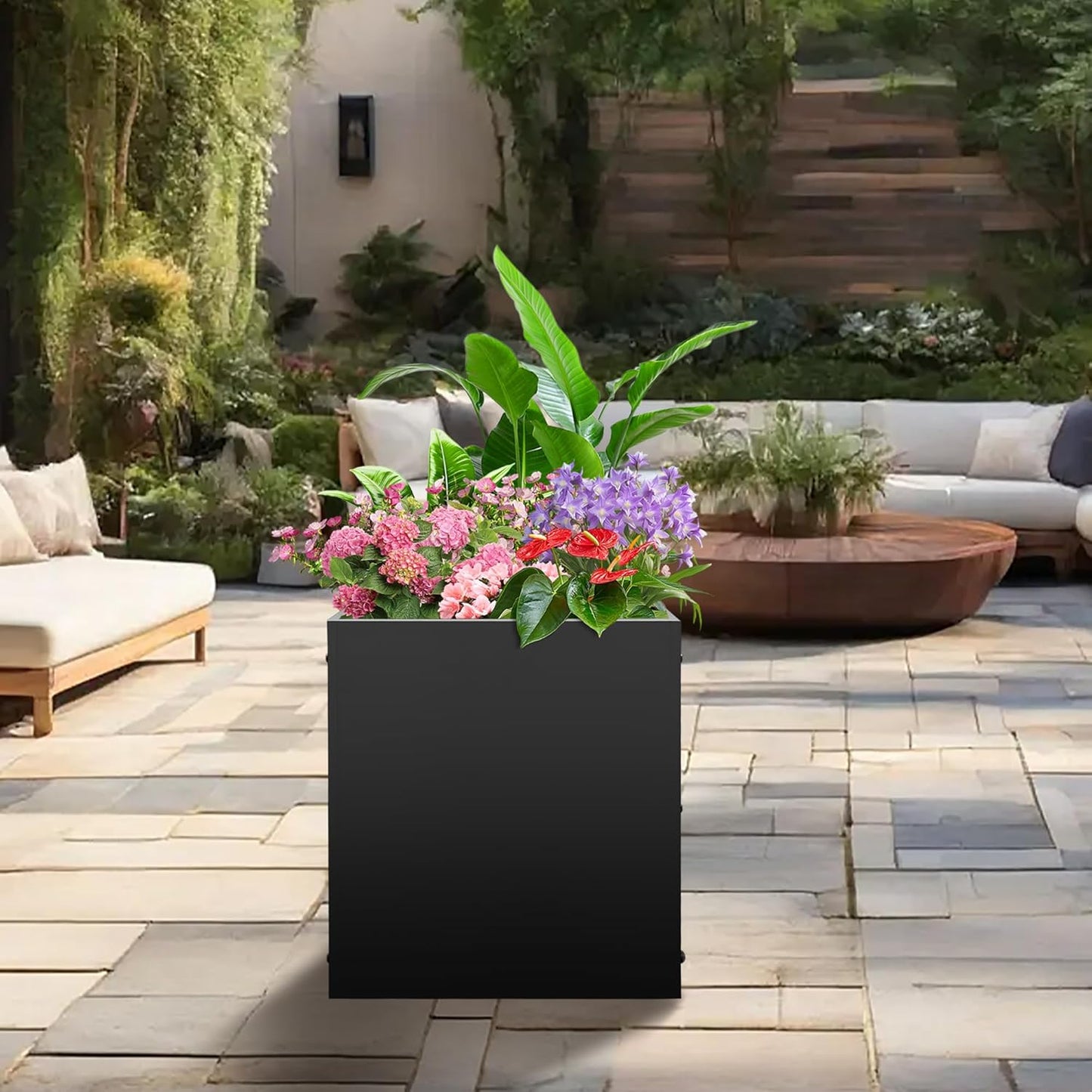 Metal Rectangular Planter Box, Small Planter Boxes Outdoor, 18''L x 18''W x 20''H Heavy Duty Plant Box with Removable Insert Shelf, 3 Tier Adjustable Height Tall Garden Planter for Plants, Flowers