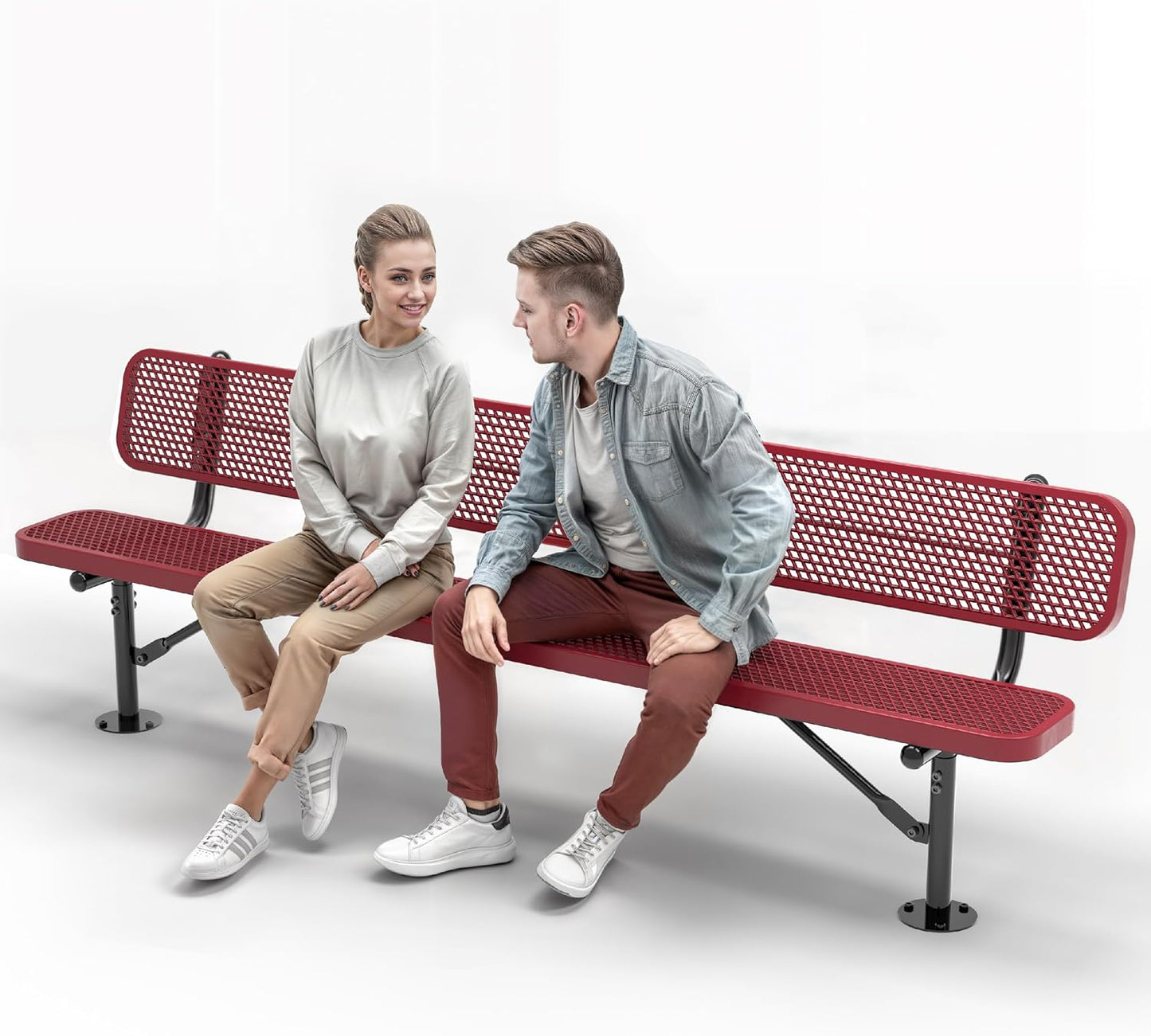 Heavy-Duty Outdoor Metal Bench, Thermoplastic-Coated, Surface, Weatherproof, Commercial-Grade for Parks, Gardens, Patios, Stores & More (8 Ft - Surface with Back, Red)