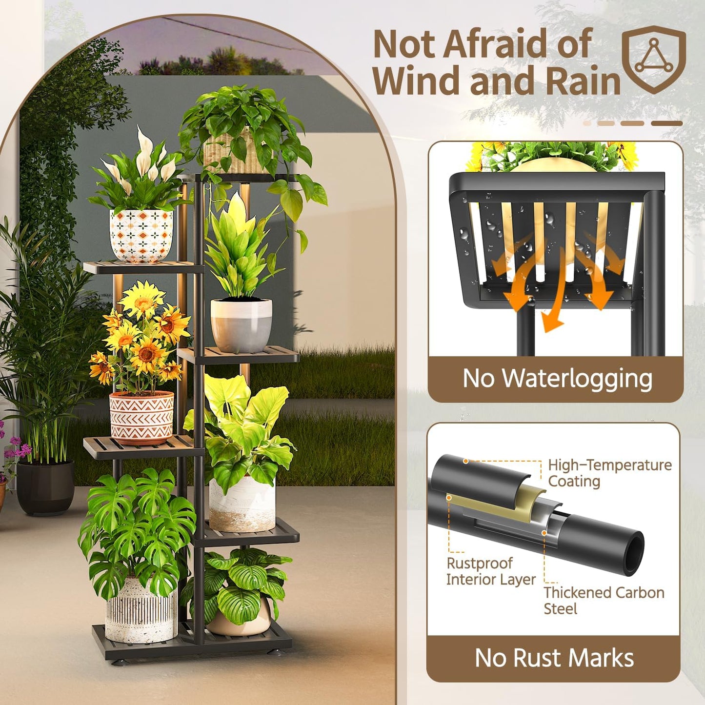 LASZOLA 5 Tier Plant Stand Indoors Outdoors with Light for Large Heavy Duty Planter, Black Metal Tall Flower Holder Rack for Modern House Corner, Vertical Iron Organizer with Multiple Rustic Shelf