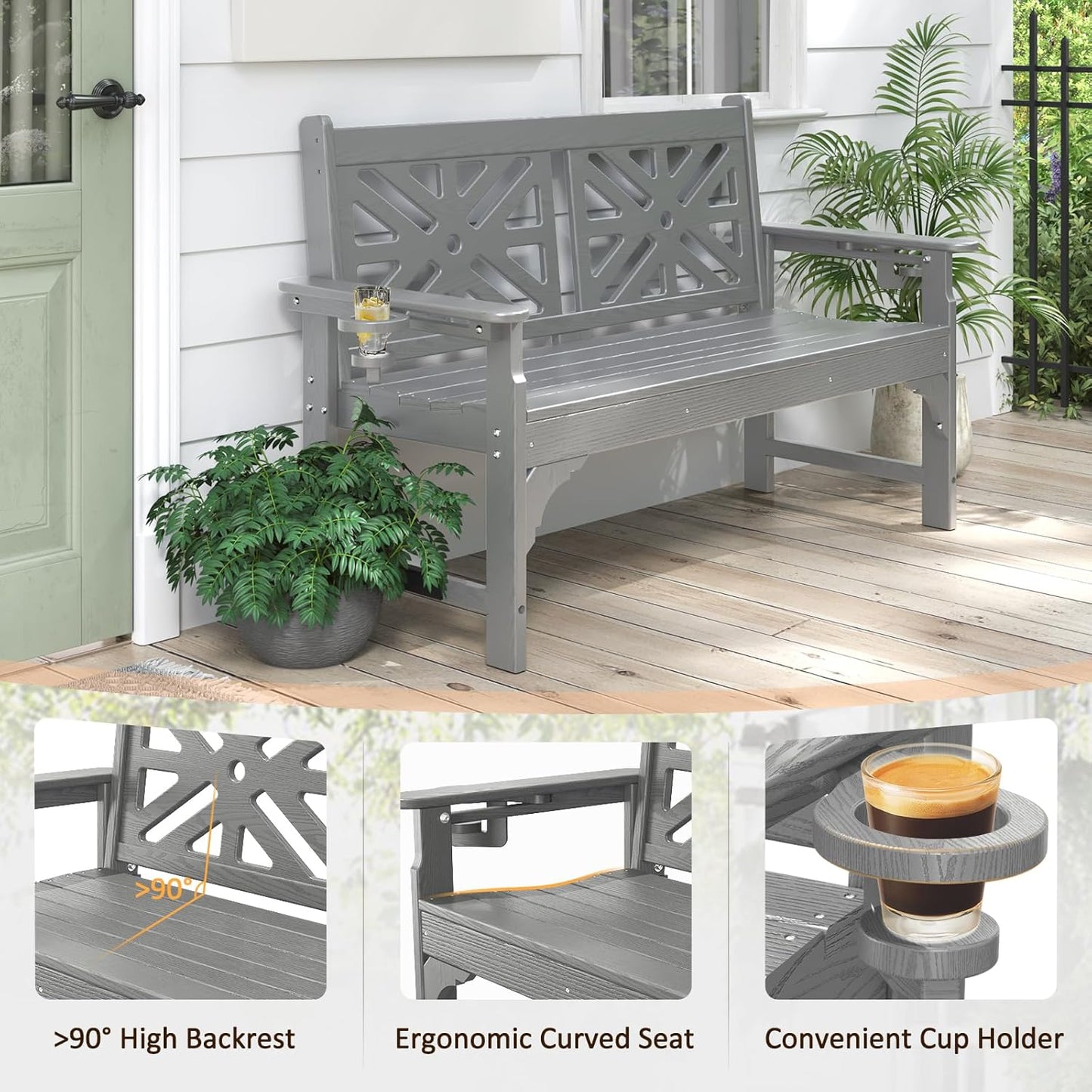 nalone Outdoor Bench with Cup Holders, HDPE All Weather Porch Bench Load up to 800 Lbs, 2-Person Garden Benches Rot-Proof Fade Proof for Patio, Porch, and Park (Grey)