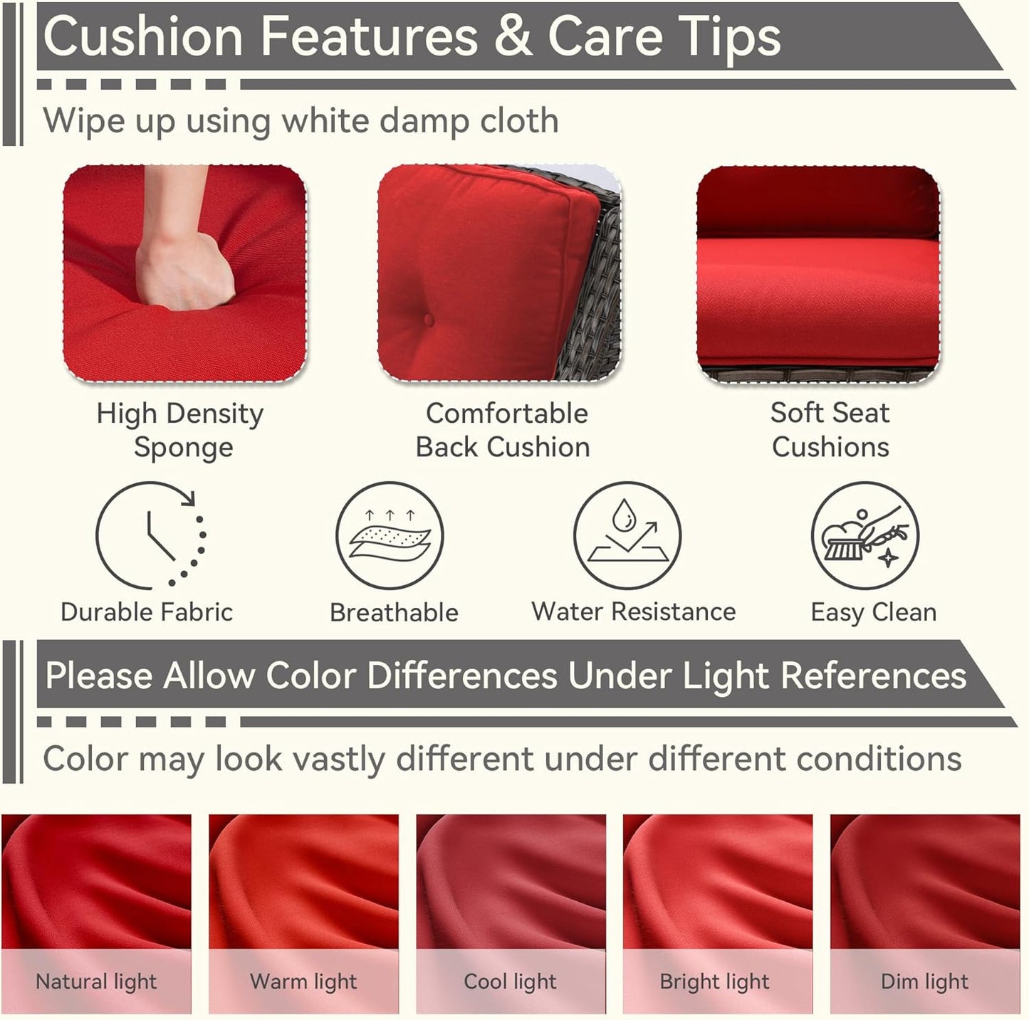 5 Piece Outdoor Patio Furniture Set Wicker Conversation Set Swivel Rocking Chairs with Side Table and Ottomans for Backyard, Porch, Deck, Red