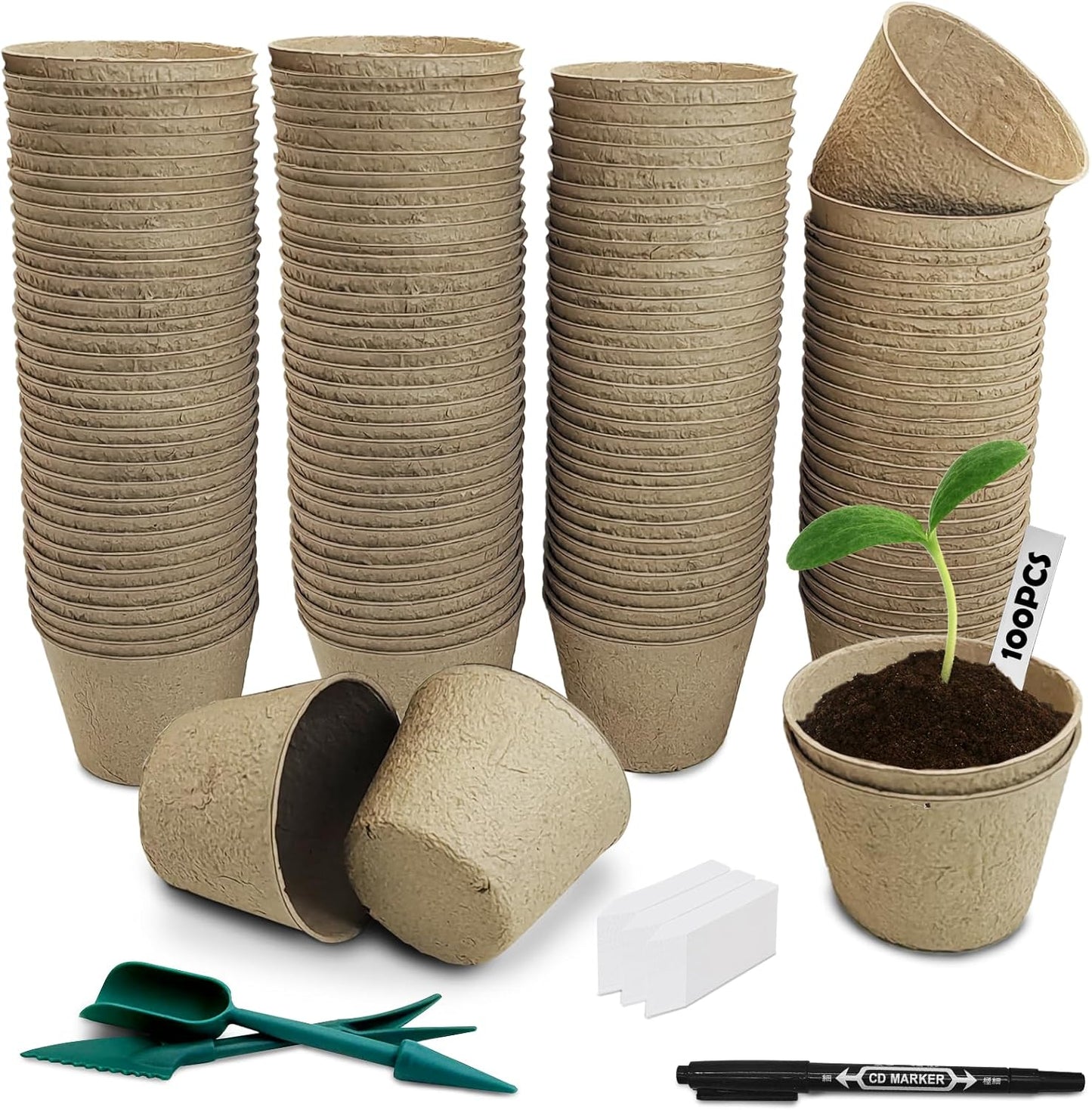 PINVNBY 132 PCS Plant Pots 4 Inch Peat Pots for Seedlings with 100 Pcs Plant Labels Biodegradable Nursery Pots with Drainage Holes for Indoor and Outdoor Planting