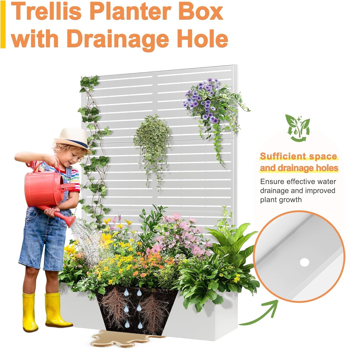 71"x47"x16" Metal Planter Box with Trellis Raised Garden Bed with Trellis, Trellis with Planter Box & Privacy Screen, Metal Planter Box for Climbing Plants, Vegetable, Vines(White, Louvered)