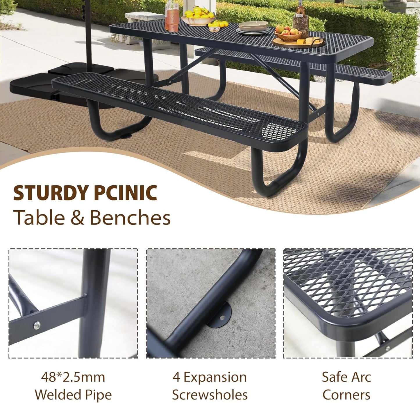 4FT Metal Picnic Tables for Outdoors, Commercial Rectangular Picnic Table and Bench Set for Outside, Patio, Garden, Backyard, Porch, Surface Mount, Black