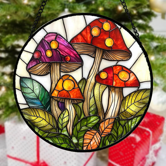 Stained Glass Window Hanging, Mushroom Leaves Suncatcher for Doors Home Sun Catchers Decoration and Christmas, Mother's Day Birthday Gifts for Women, Men, and Mom 14.9x14.9 in