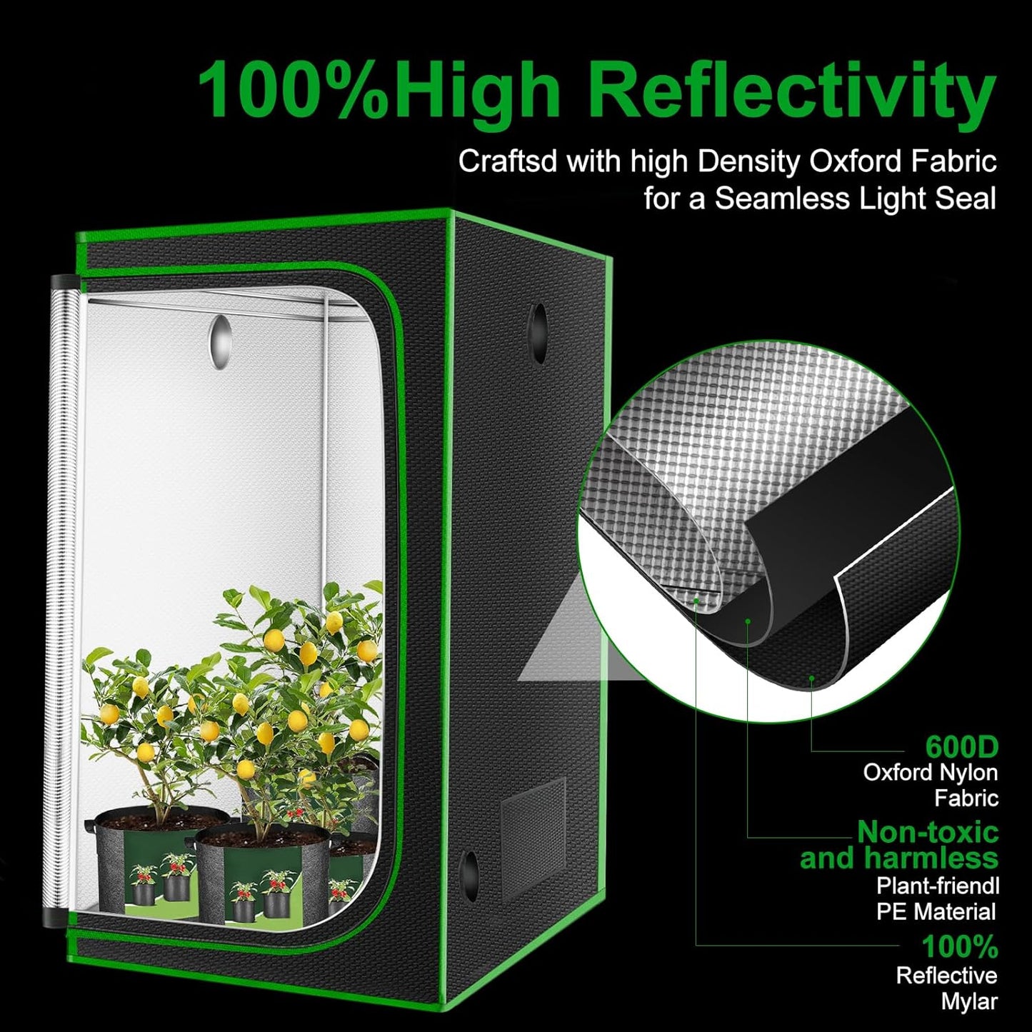 MELONFARM 4x4 Grow Tent, 48"x48"x80'' High Reflective 600D Diamond Mylar Canvas with Observation Window and Floor Tray for Hydroponic Indoor Plant Growing