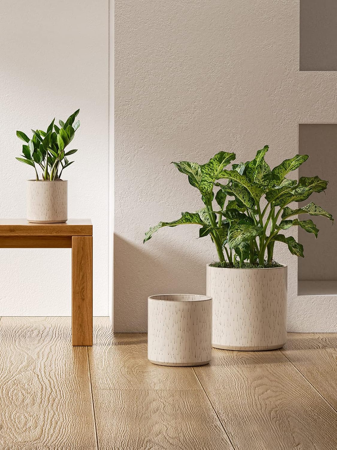 LE TAUCI Ceramic Plant Pots Indoor, 10+8+6 Inch Planters for Indoor Plants, Mid-Century Modern Flower Pots with Drainage Hole and Plug, Cylinder Round Planters, Set of 3, Reactive Glaze Beige