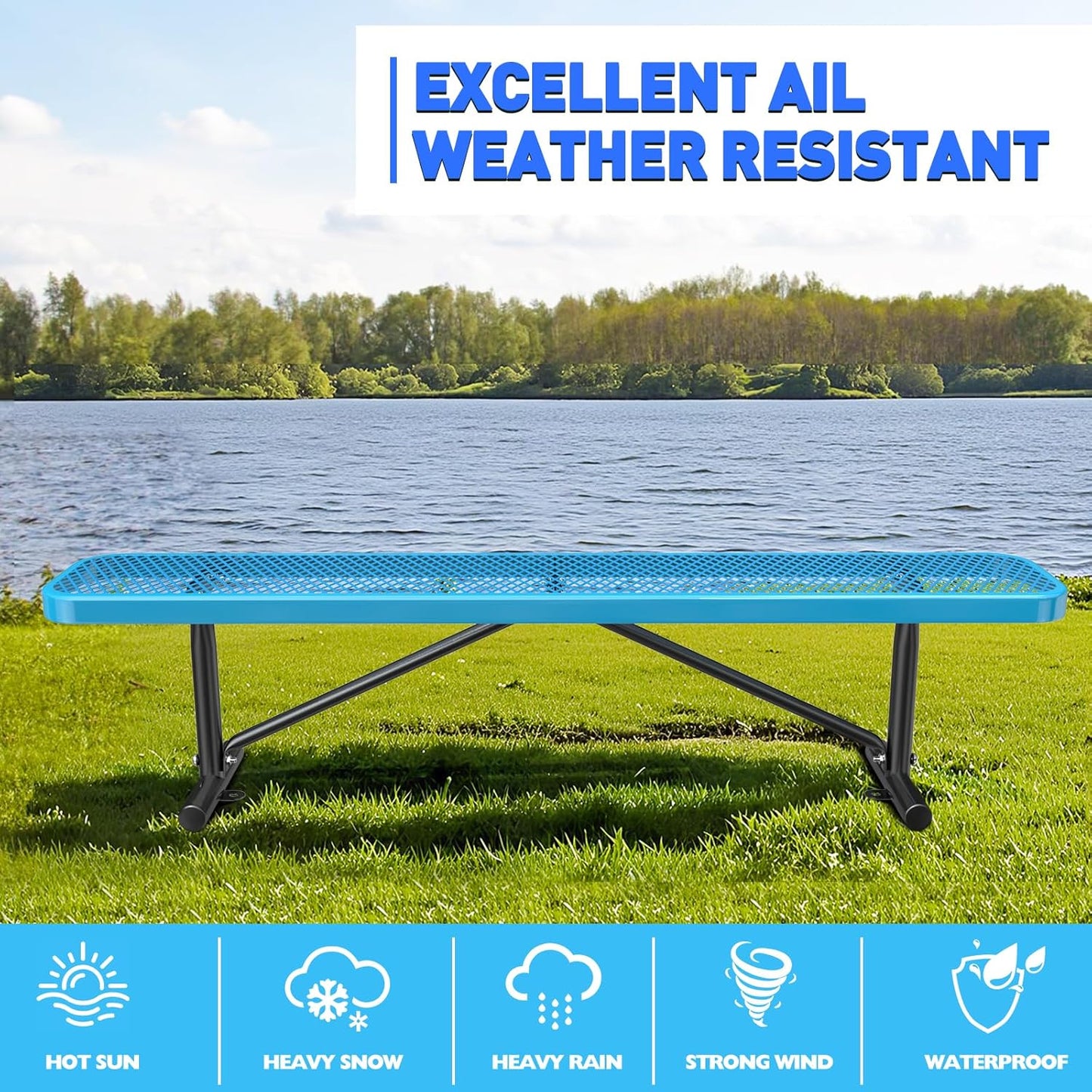 Thermoplastic Coated Iron Park Bench for Outside, Heavy Duty Metal Garden Bench, Expanded Commercial Grade Seating for Shopping Malls, Lawn Yard Porch Entryway (Blue Without Backrest, 48IN)