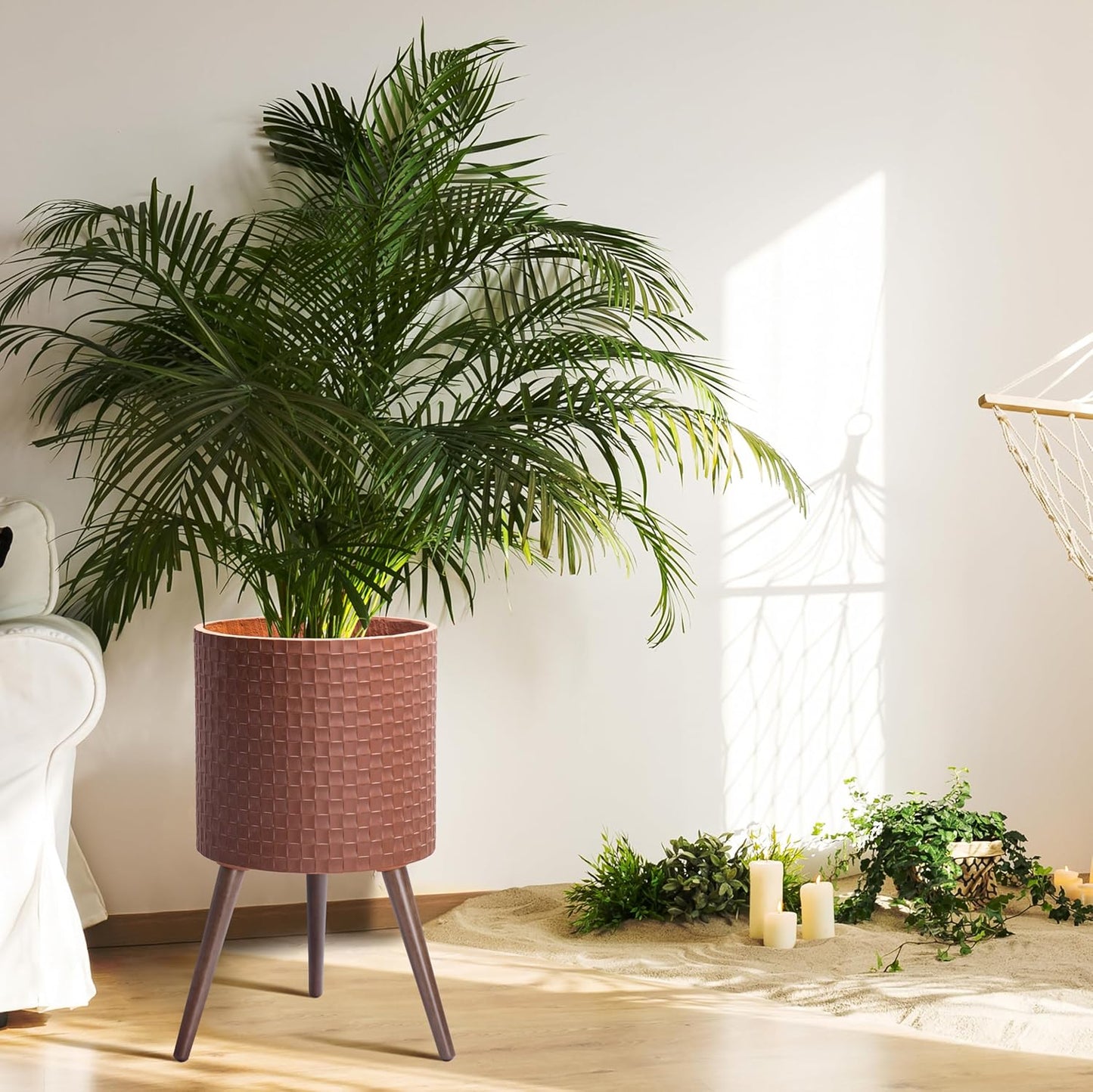 D'vine Dev 14 Inch Modern Geometric Tile Patterned Sleek Planter Pot with Stand, Indoor Outdoor Decorative Plant Holder, Terra Cotta, 88-Z-D-3