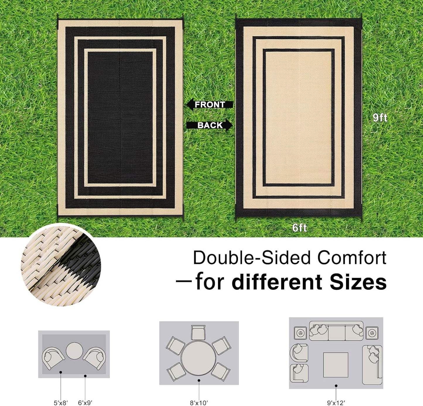 OLANLY Outdoor Rug 6x9 ft Waterproof, Reversible Outdoor Plastic Straw Rug, RV Mat, Indoor Outdoor Carpet Clearance for Patio, Camping, Balcony, Deck, Backyard, Black & Beige