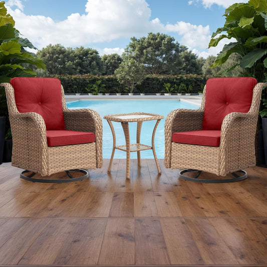 Outdoor Patio Swivel Rocker Chairs - 3 Piece Patio Bistro Set,Wicker Patio Furniture Set with 2 Swivel Rocking Chairs and 1 Glass Top Side Table for Deck Porch Garden,Yellow/Red