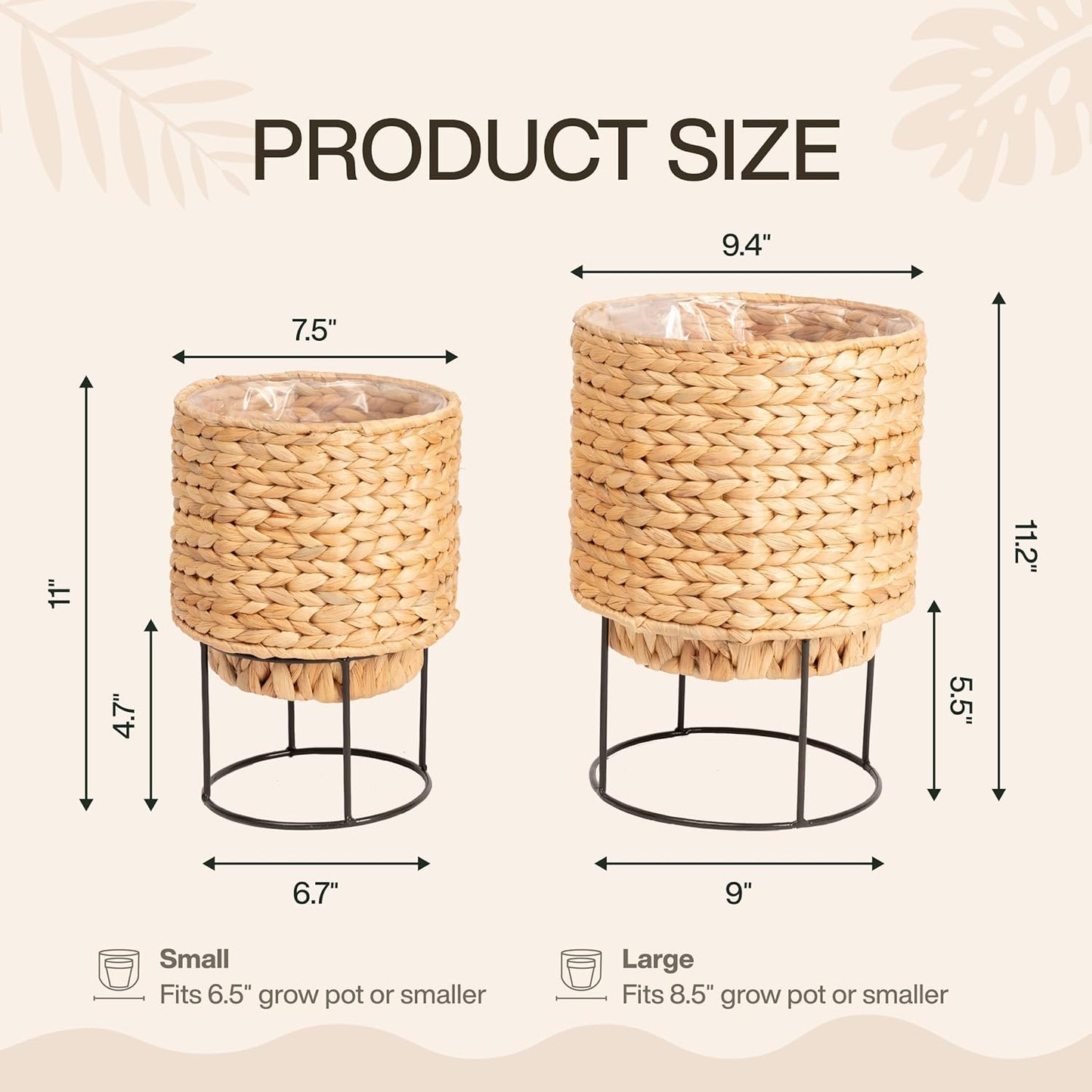 Set of 2 Water Hyacinth Planter Pot with Metal Stand - Indoor Plant, Flower, Succulent, Basket Planter, Decorative Pot Cover (Classic)