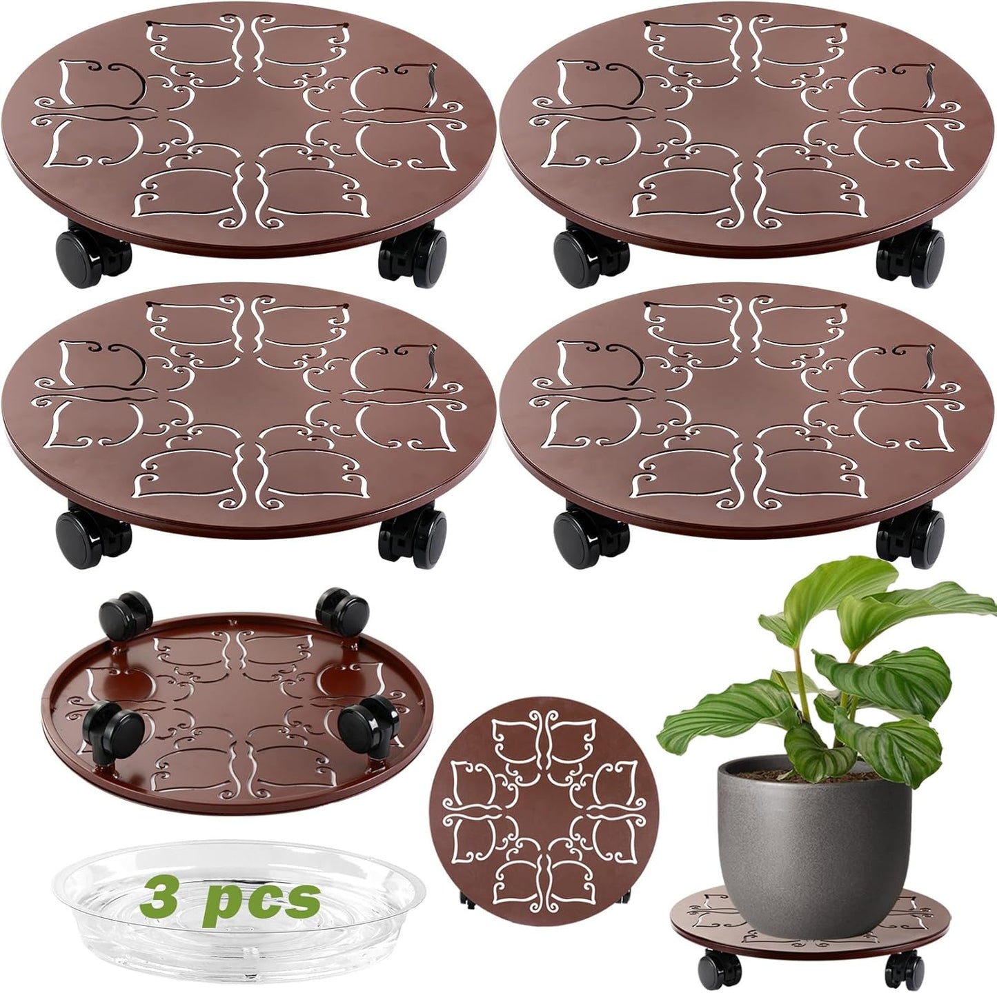 4 Packs 12 inches Large Metal Plant Caddy with Wheels Round Planter Dolly Pot Mover Rollers Wrought Iron Rolling Plant Stands Indoor Outdoor Wheeled Plant Holder Coaster Trolley, Butterfly, Brown