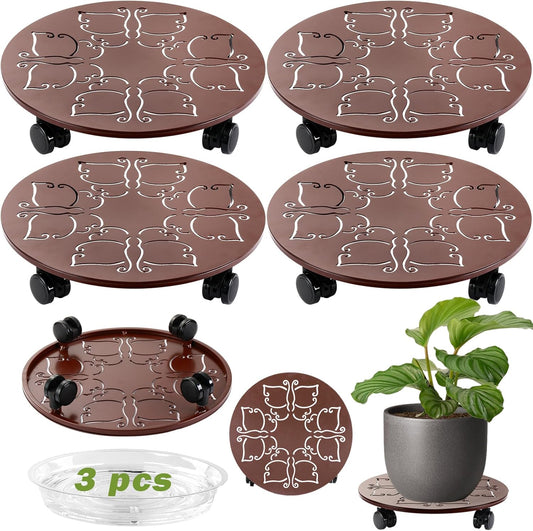 4 Packs 12 inches Large Metal Plant Caddy with Wheels Round Planter Dolly Pot Mover Rollers Wrought Iron Rolling Plant Stands Indoor Outdoor Wheeled Plant Holder Coaster Trolley, Butterfly, Brown