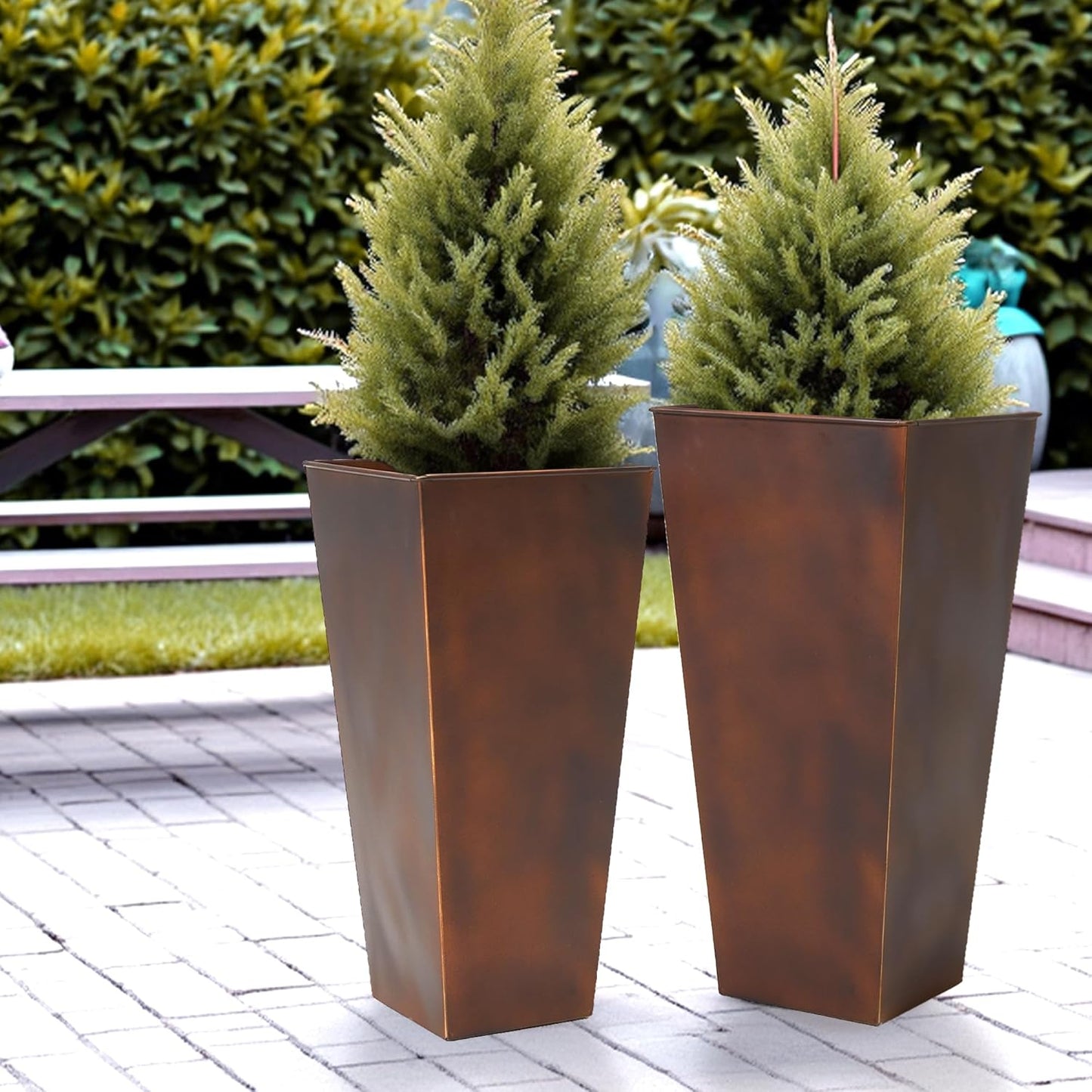 Worth Garden Large Metal Planter Set of 2 (25" & 28" H.), Matte Bronze Retro Finish Tall Square Tapered Steel Plant Pots, Decor Flower Pot Indoor & Outdoor, Drainage Hole & Dual-Purpose Plant Saucer