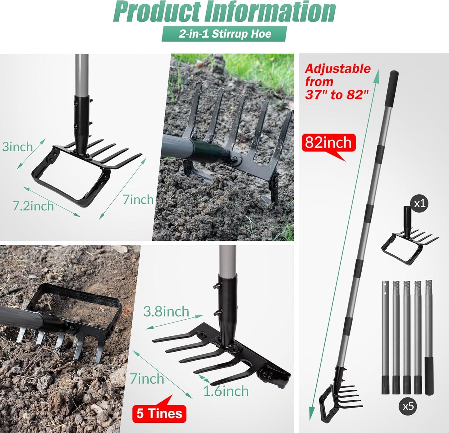 Suchtale 82 Inch Stirrup Hoe and 5-Tines Rake, Action Hoe for Weeding, 2 in 1 Scuffle Hoe with 37-82"Adjustable Handle, Hula Hoe Cultivator for Loosening Soil, Loop Hoe for Garden Weeding and Planting