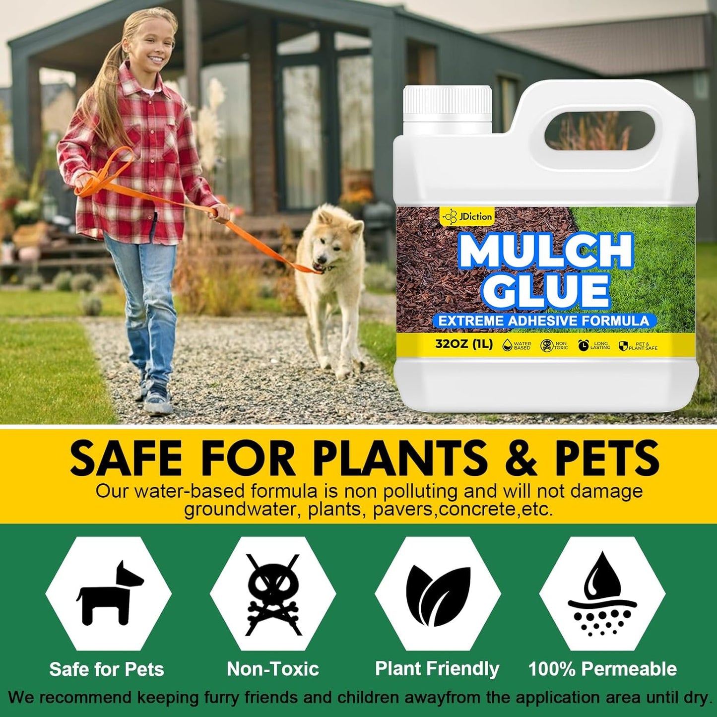 JDiction Mulch Glue for Landscaping – 1 Gallon Gravel Binder, Rubber Mulch Stabilizer, Landscape Mulch Lock Adhesive, Concentrated Rock Glue for Landscaping, Non-Toxic, Fast Drying, Lasts up to 2 Year