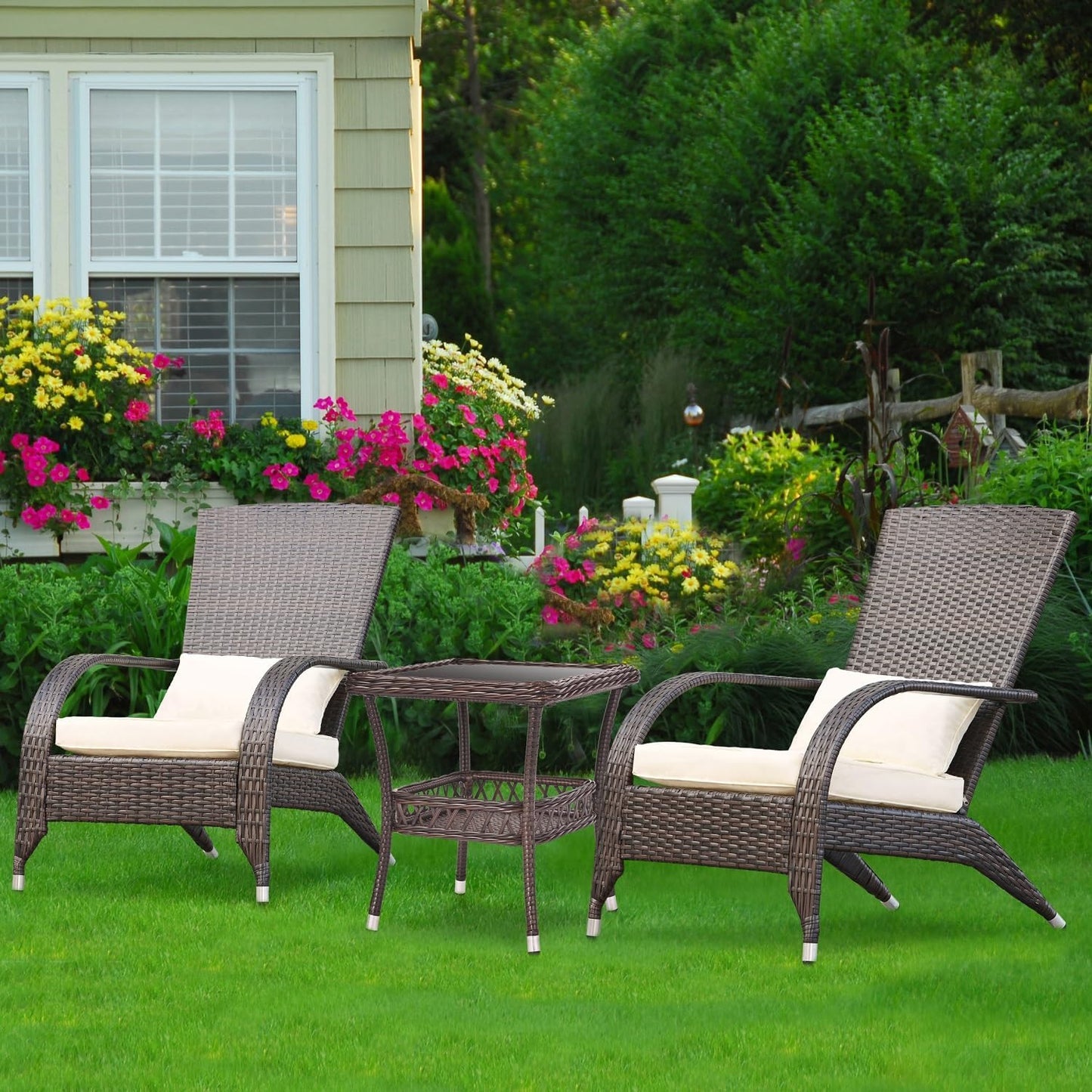 Outdoor Side Table Patio Wicker Coffee Table Outdoor End Table Rattan Bistro Table with Storage & Black Glass Table Top Square for Outside Balcony Porch Backyard Deck Brown