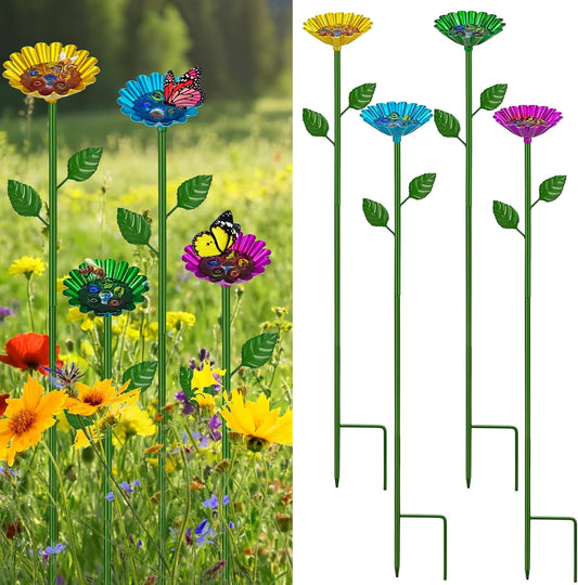 4 Pcs Metal Bee Watering Station for Garden - Height-Adjustable Bee & Butterfly Feeder with 20 Glass Marbles, Colorful Flower Design Bee Bath Bowl for Outdoor Yard Decor