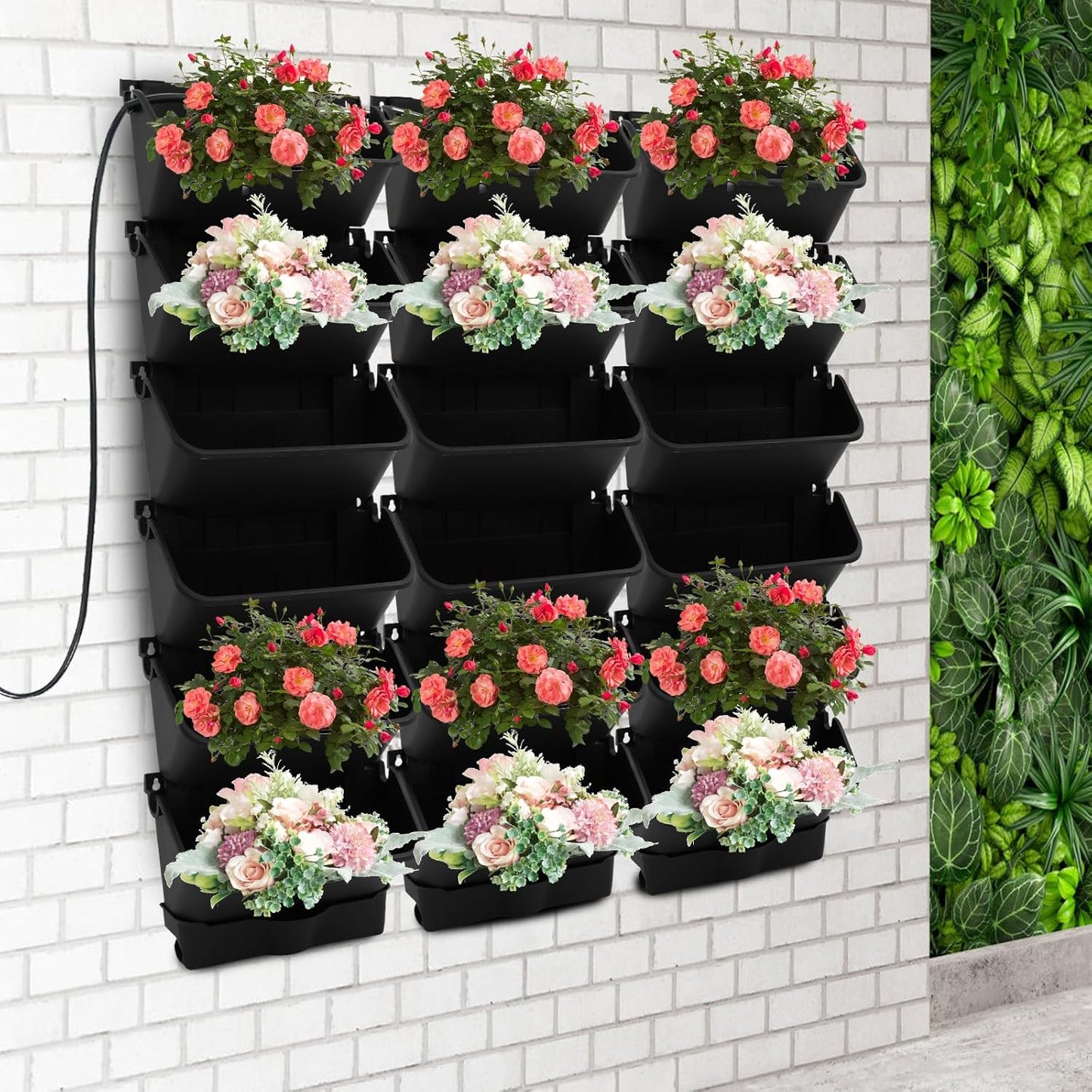 Self-Watering Wall-Mounted Planter, Vertical Garden Planter Set with 18 Pots, Stackable Plant Grow Pots with Electronic Timer for Growing Veggies, Fruits, Herbs, Flowers.