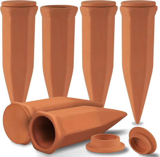 Large Terracotta Watering Spikes with Lids, Automatic Plant Waterer Outdoor | Indoor, Vacation Friendly Clay Plant Watering Devices System, Slow Release Self Watering Planter Insert, 6 Pack
